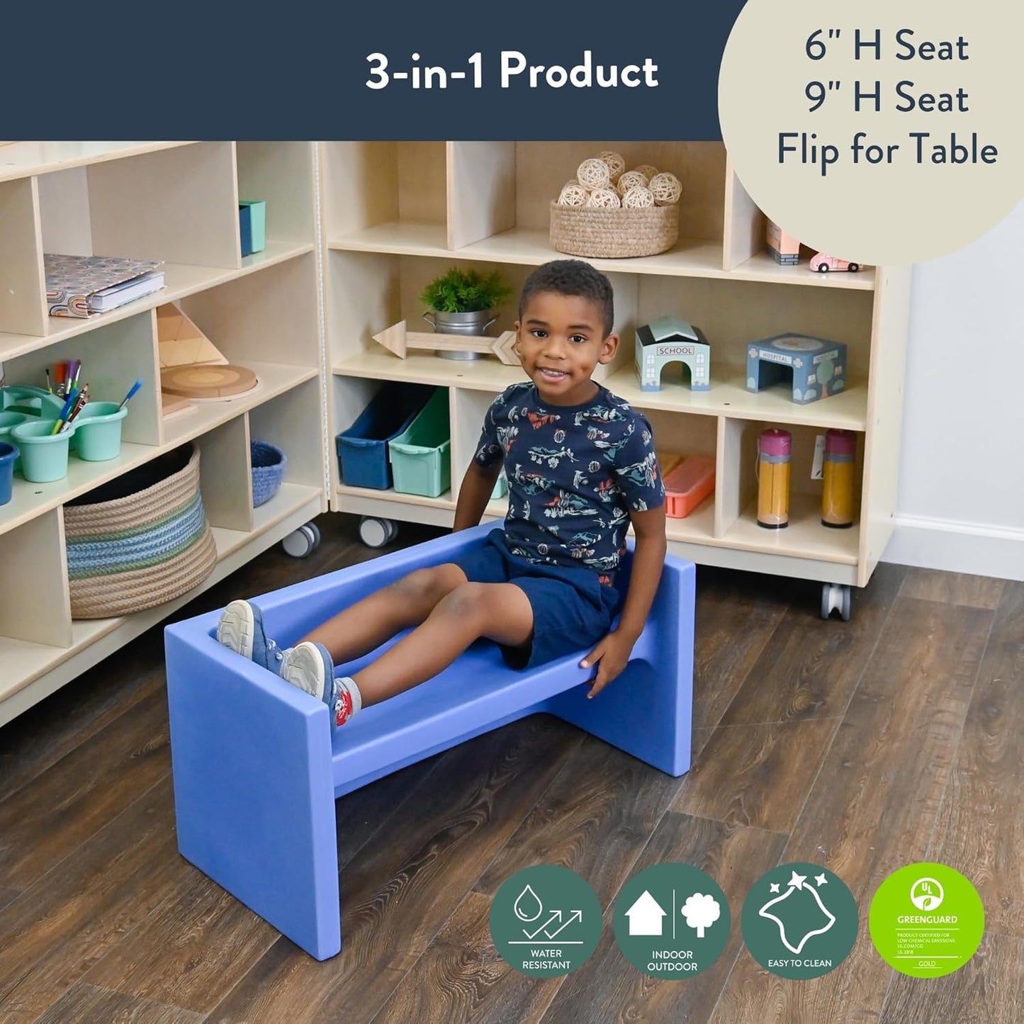 Children's Factory Adapta-Bench, CF910-055, Sky, Kids Flexible Seating, Classroom, Preschool and Daycare Furniture, Indoor or Outdoor Toddler Chairs