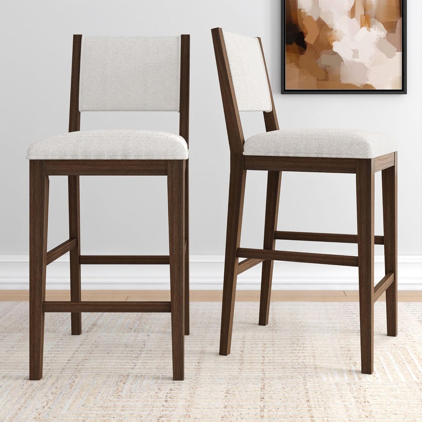 Plank+Beam Sereno Bar Stool, 30", Set of 2, Sturdy Wood Modern Kitchen Bar Height Stool, Upholstered Cushion Bar Chair with Back, Walnut/Ivory