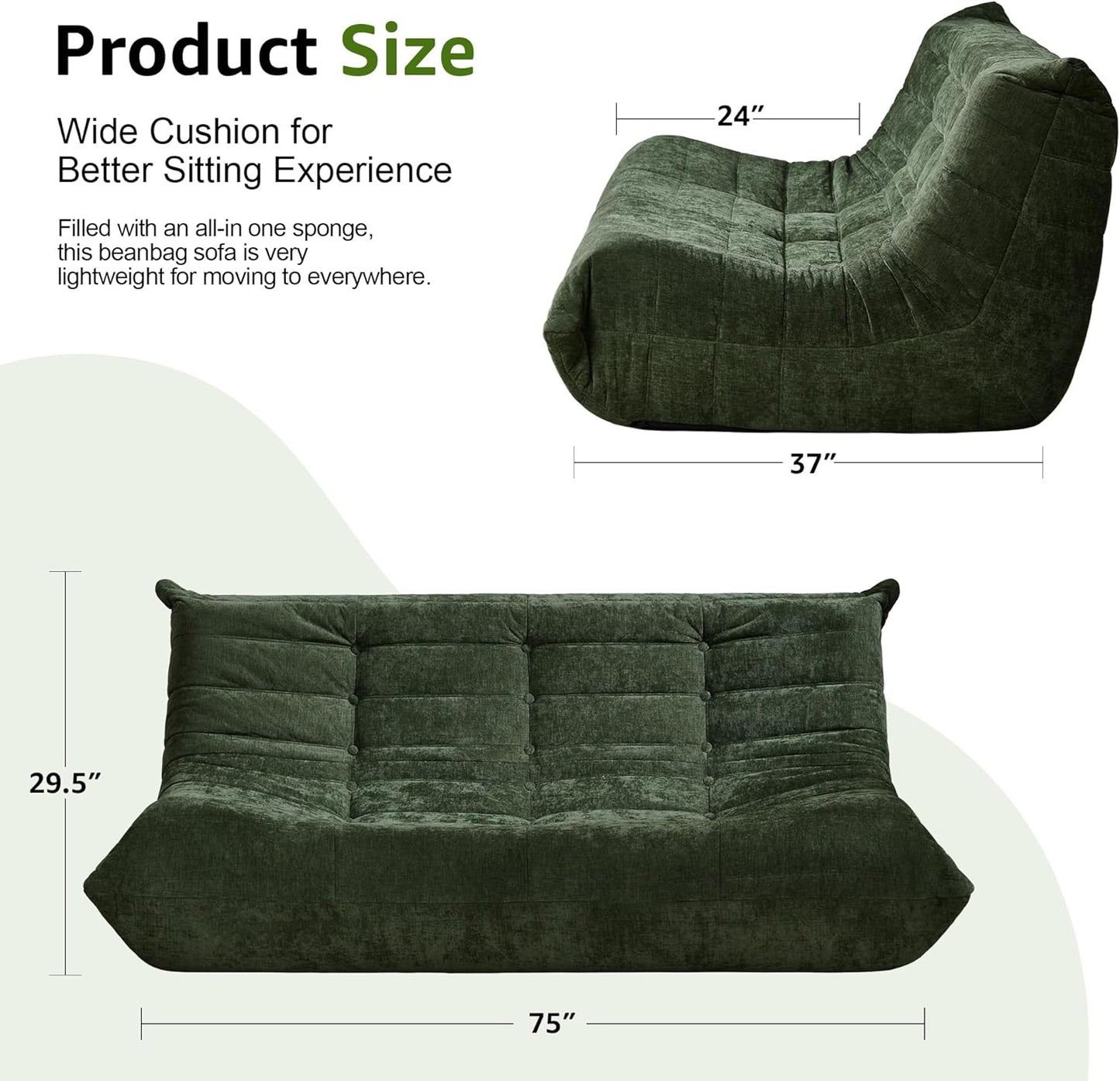Hobestluk Bean Bag Chairs for Adults Giant Bean Bag Chair Memory Foam BeanBag Chair Bean Bag Sofa with Filler Faux Fur Fireside Beanbags Lazy Sofa for Living Room Bedroom (Green Chenille, 3-Seater)