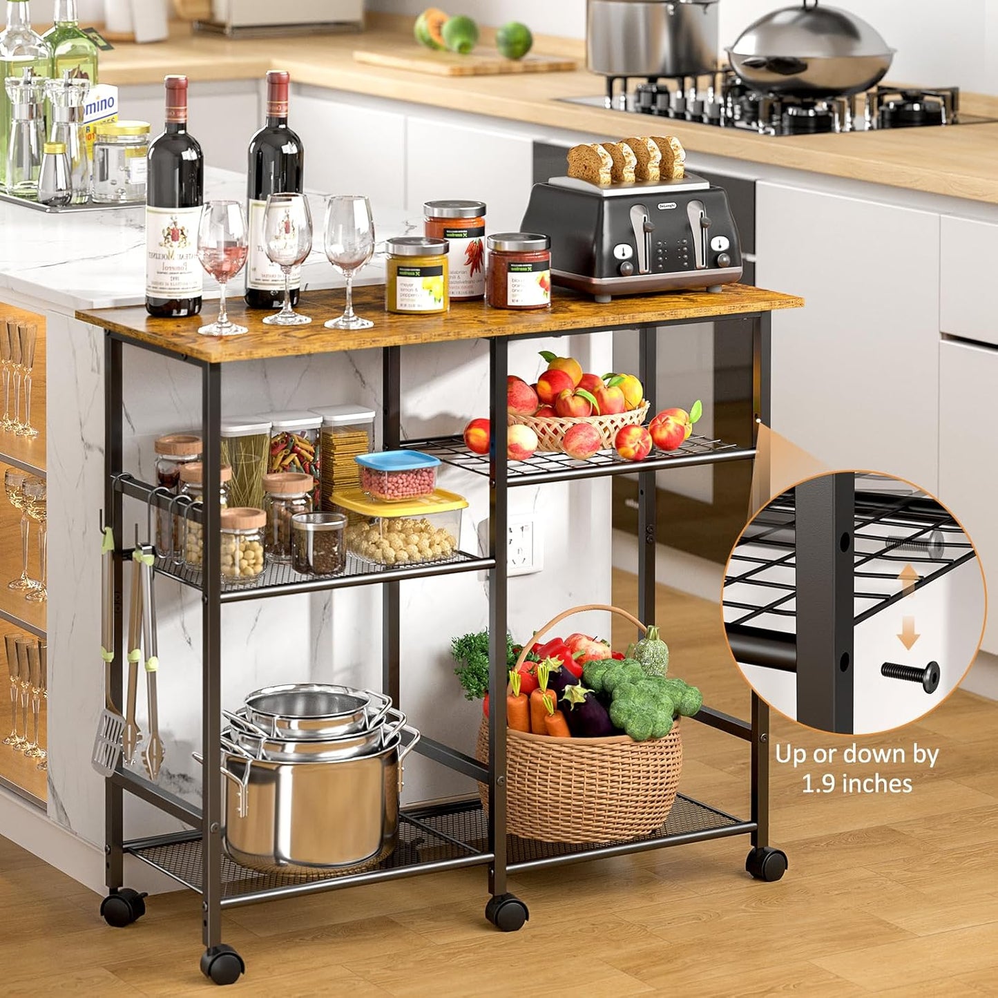 Kitchen Microwave Cart, Microwave Stand with Adjustable Shelf, Coffee Bar Stand Kitchen Baker's Rack with Wheels Rolling Storage Cart Organizer Shelf for Living Room, Office, Balcony