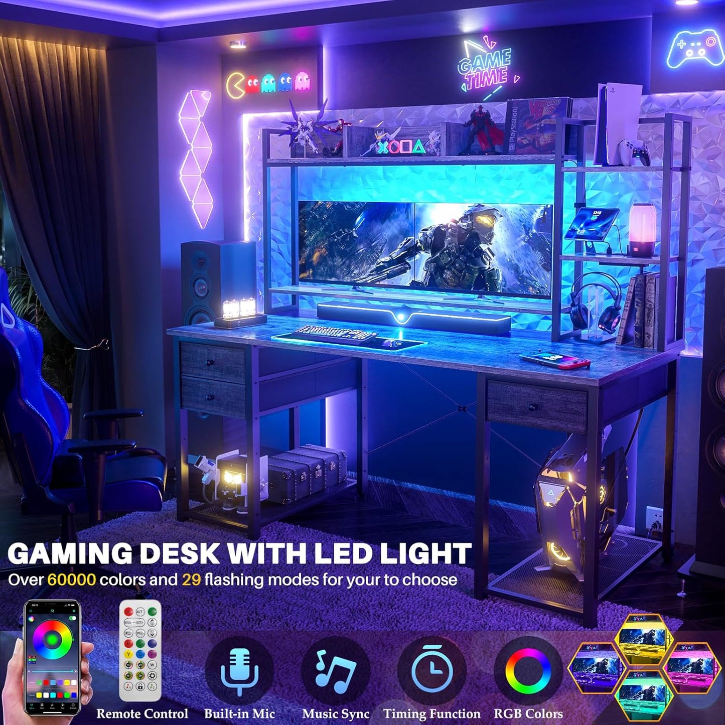 Aheaplus Gaming Desk With LED, Outlets, and Hutch - 55.2'' Computer Workstation With Drawers, Reversible Office Desk With Storage Bookshelf and Shelf - Large Home Desk, Black Oak