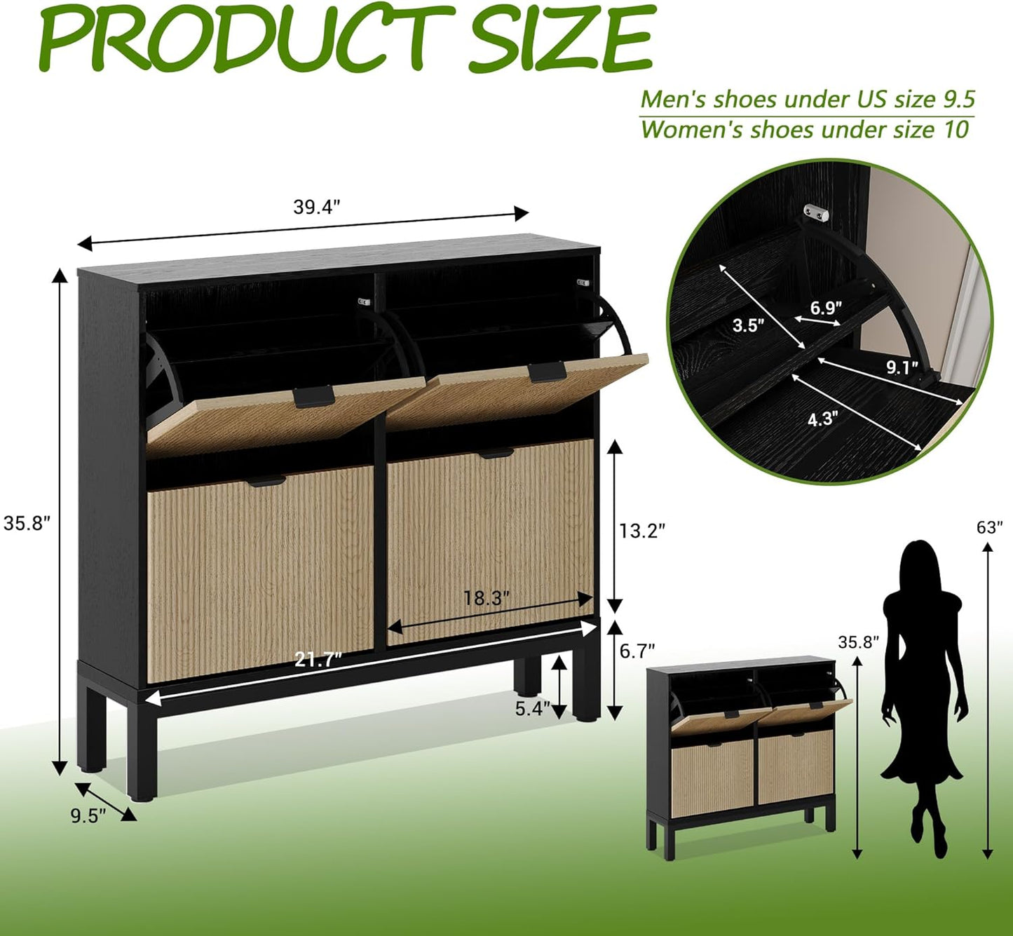 GarveeHome Shoe Storage Cabinet with 4 Flip Drawers, Farmhouse Fluted Shoe Organizer with Metal Legs, Freestanding Hidden Slim Narrow Shoe Rack for Entryway, Foyer, Hallway