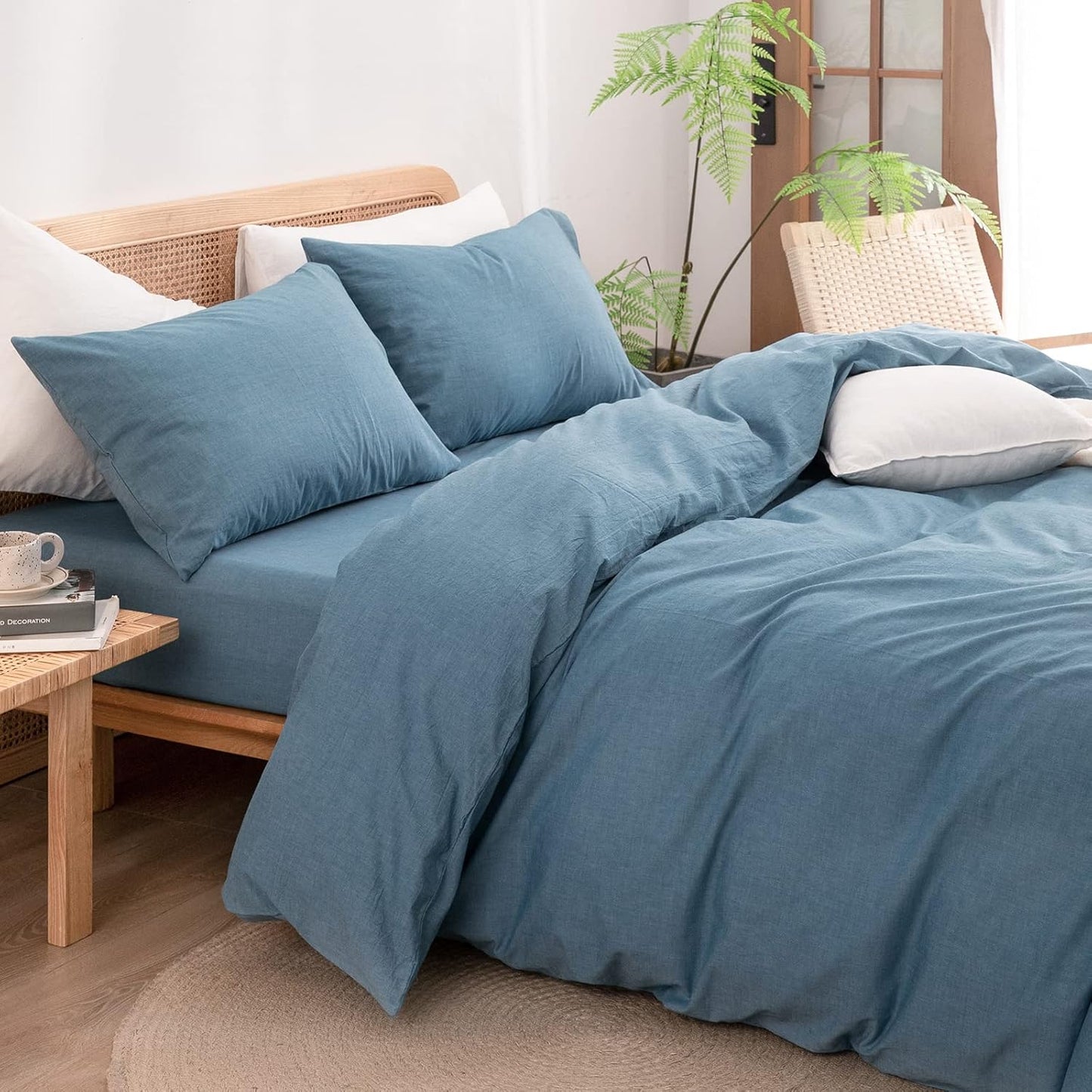 BESTOUCH Duvet Cover Set 100% Washed Cotton Linen Feel Super Soft Comfortable Chic Lightweight 3 PCs Home Bedding Set Solid Dark Blue Cal King