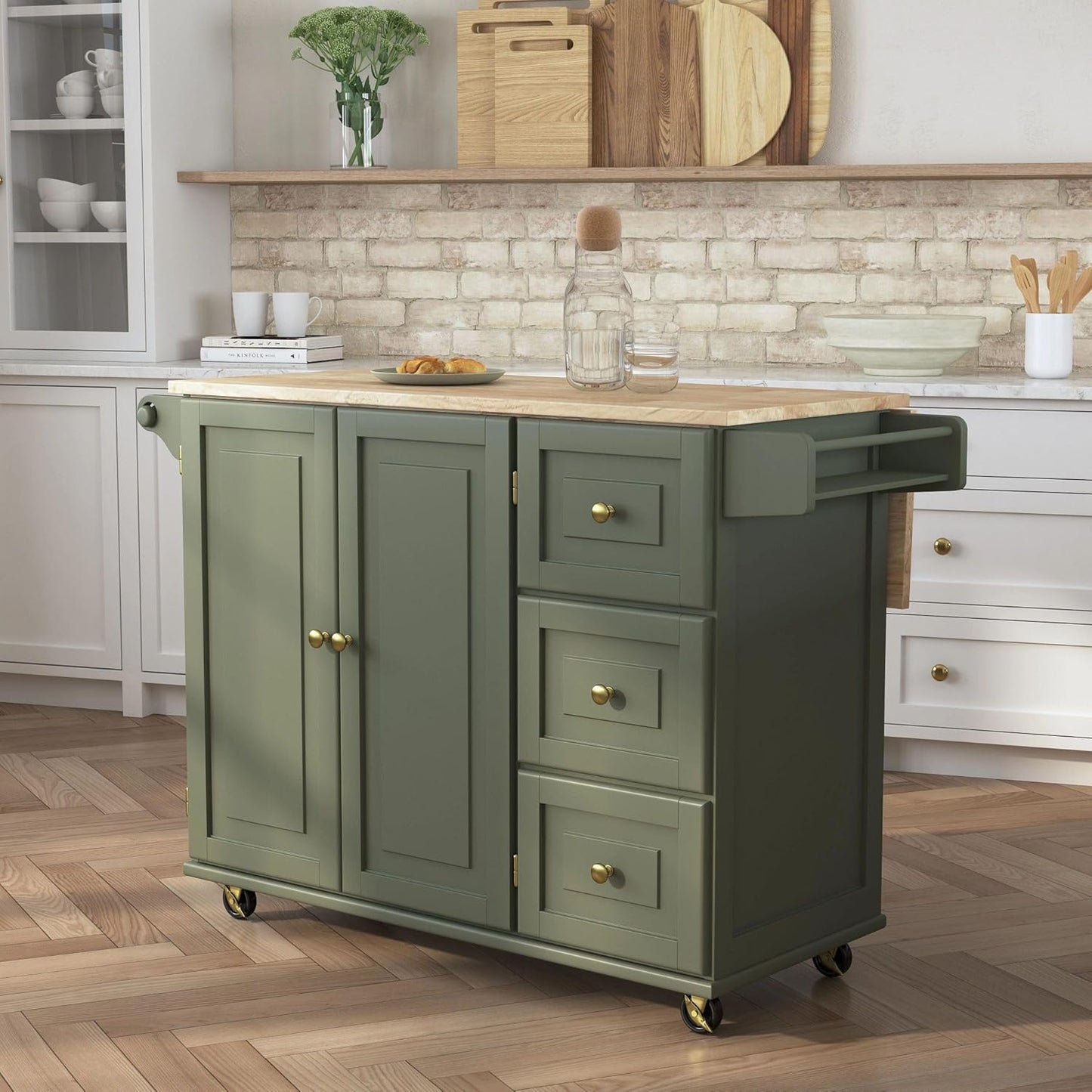 Homestyles Mobile Kitchen Island Cart with Wood Top and Dropleaf Breakfast Bar, 18" D x 53.5" W x 36" H, Green