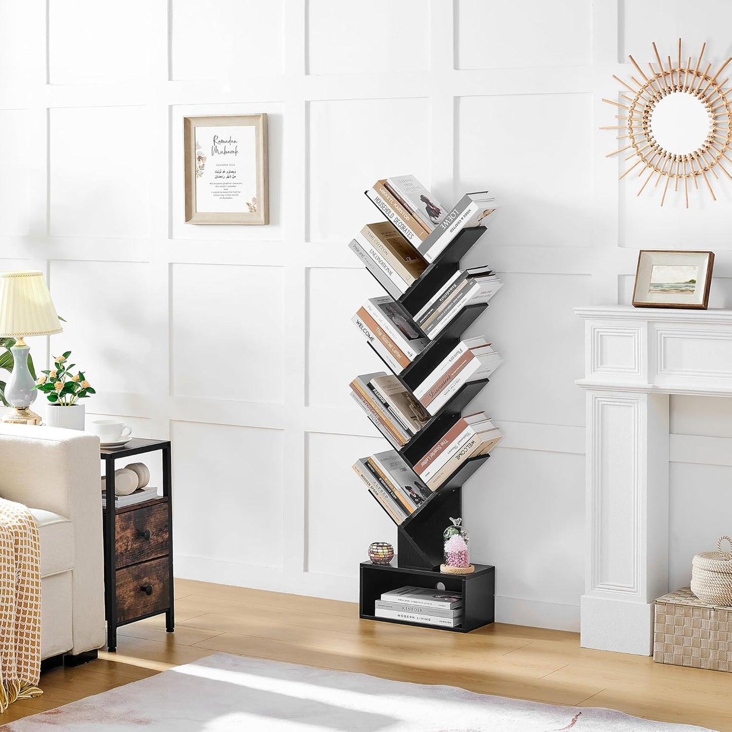 Hoctieon 9 Tier Tree Bookshelf, Tall Bookcase with Drawer, Wood Book Shelf, Modern Floor Standing Bookshelves, Book Organizer Shelves for Bedroom, Living Room, Home Office, Black