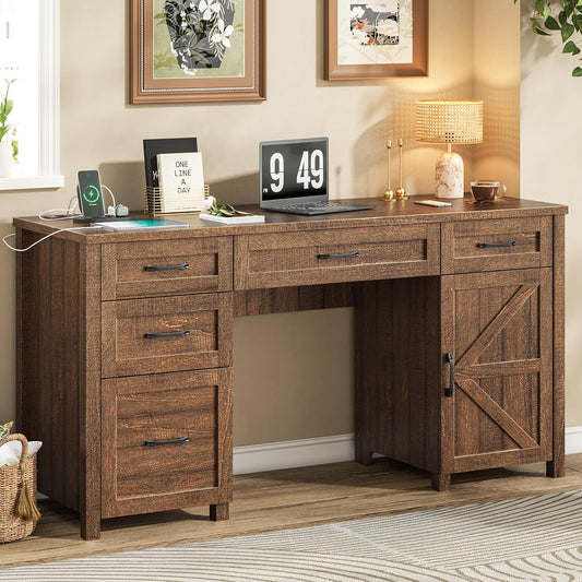 Farmhouse 61'' Executive Desk with 5 Drawers, Rustic Office Desk Computer Desk with Charging Station, File Drawers and Storage Cabinet, Wood Workstation for Study and Home Office, Red-Brown.