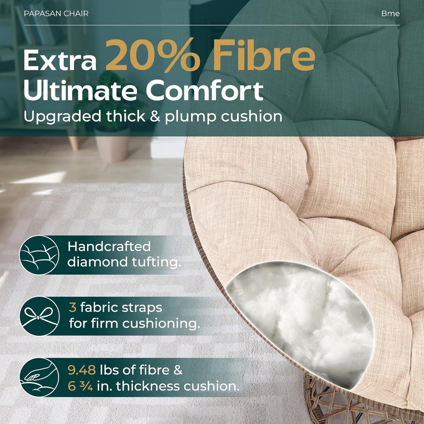 Bme 40" Ergonomic Wicker Papasan Chair with Soft Thick Density Fabric Cushion, High Capacity Steel Frame, 360 Degree Swivel for Living, Bedroom, Reading Room, Lounge, Sepia Sand - Brown Base