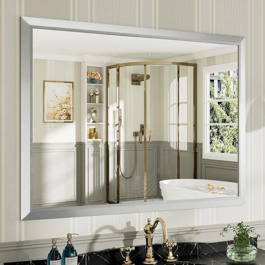 48x36 Inch Silver Bathroom Mirror for Wall, Thick Metal Framed Rectangle Mirrors for Over Sink, Bedroom, Living Room, Entryway, Anti-Rust, HD Tempered Glass