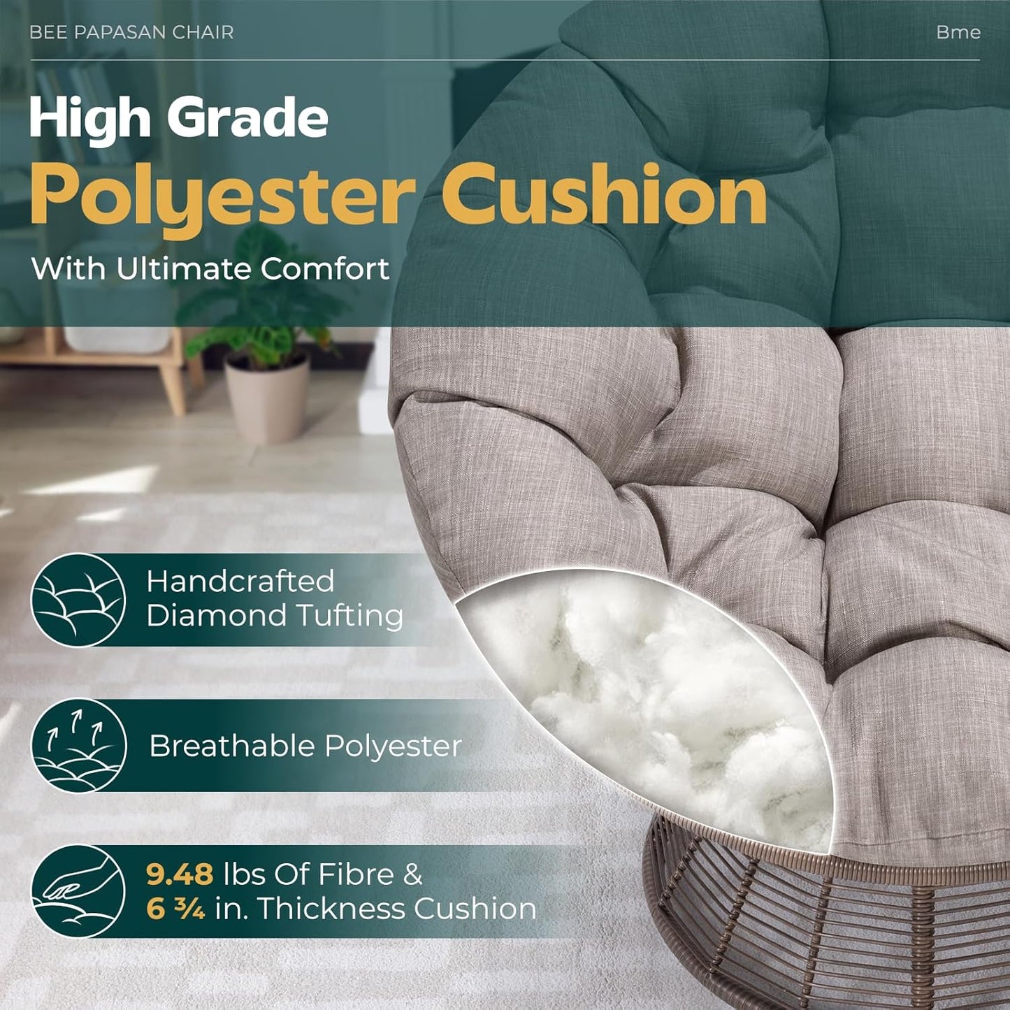 Bme 40" Ergonomic Wicker Papasan Chair with Soft Thick Density Fabric Cushion, Bee-Designed Base, High Capacity Steel Frame, 360 Degree Swivel for Living, Bedroom, Reading Room,...