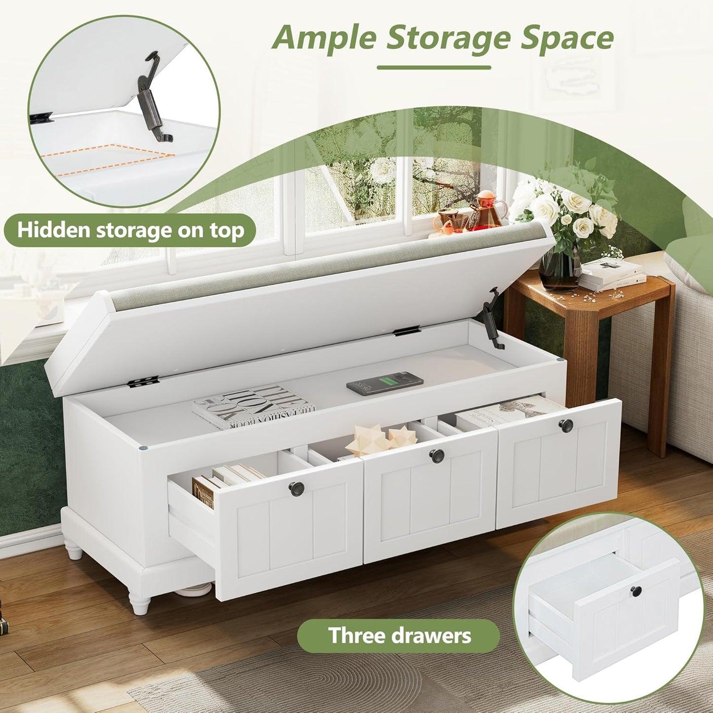 Merax Classic Storage Bench with Cushioned Seat and Three Drawers for Entryway & Living Room & Bedroom, White