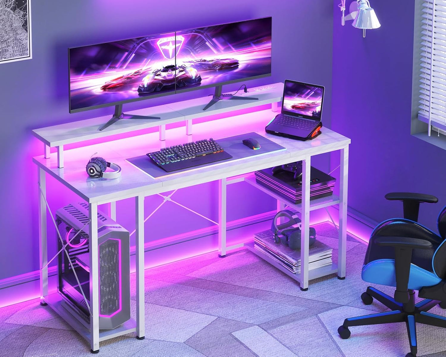 ODK 48 Inches Gaming Desk with LED Lights, Computer Desk with Monitor Stand, Pc Table with CPU Stand, Pure White