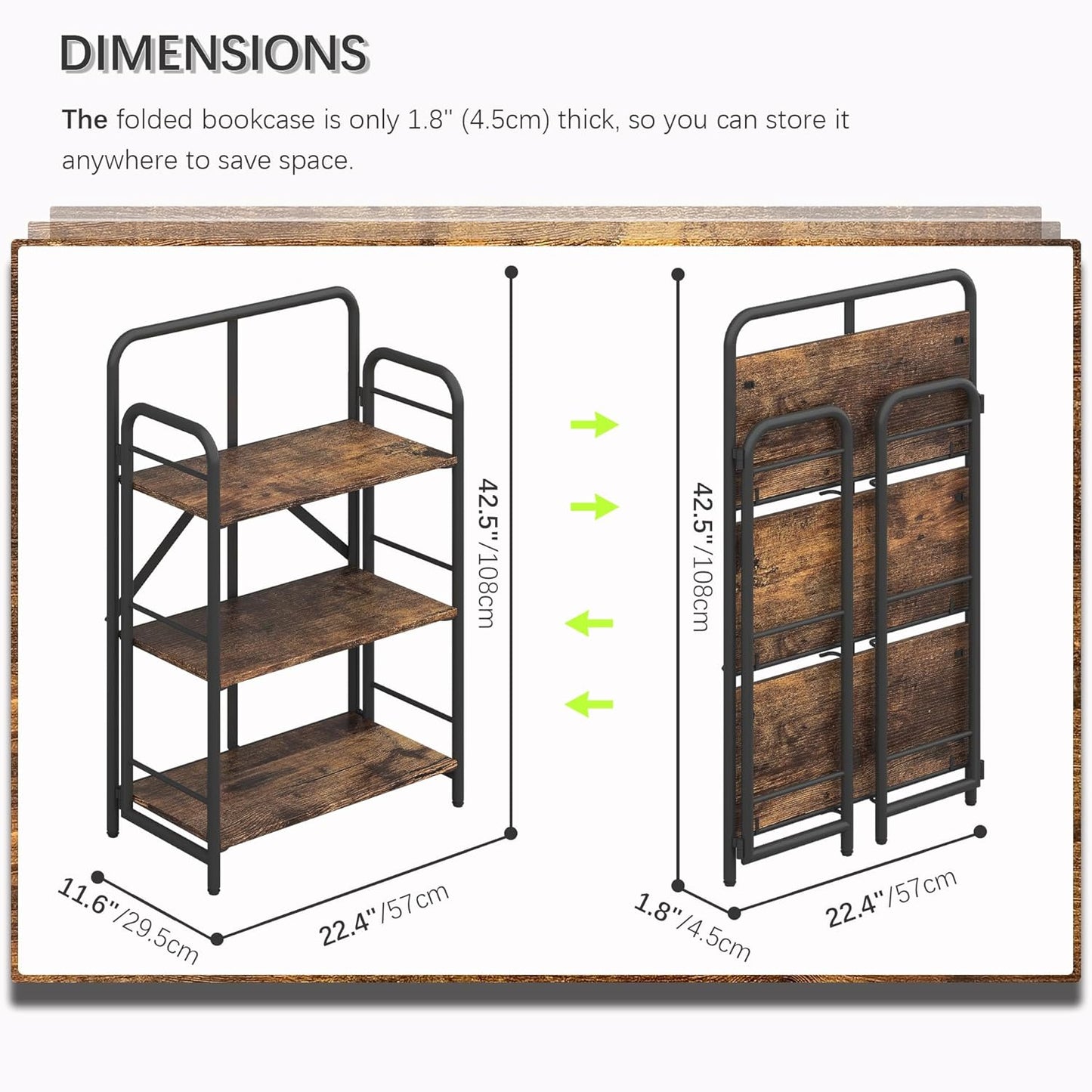 4NM No Assembly Folding Bookshelf 3 Tiers Vintage Industrial Black Book Shelf Metal Foldable Storage Bookcase and Bookshelves for Living Room,Bedroom and Kitchen - Rustic Brown