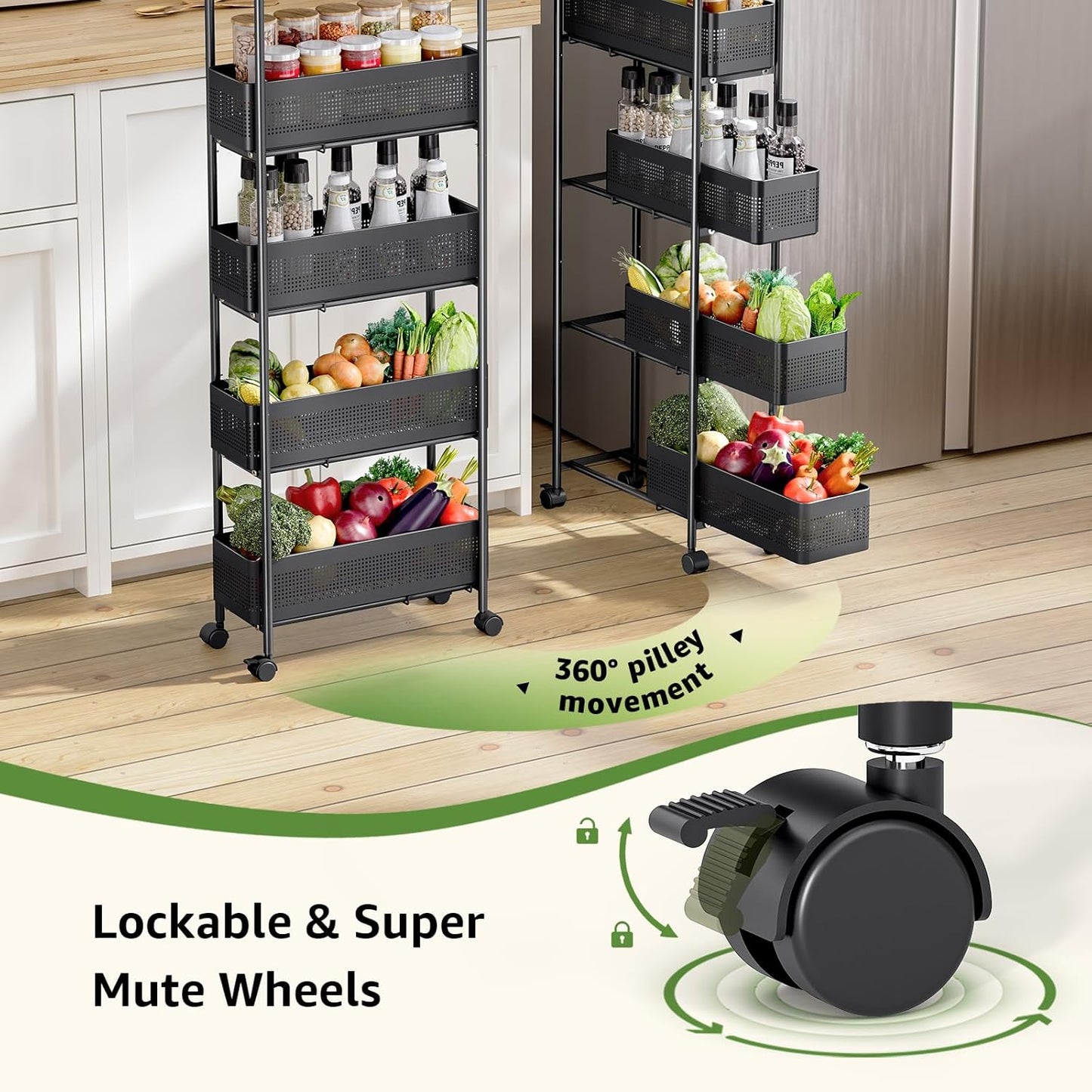 KINGRACK 5-Tier Slim Storage Cart with Pull Out Basket, Rolling Bathroom Organizer Utility, Metal Shelving Unit Slide Out, Lockable Wheels, Easy Assembly for Narrow Place, Kitchen, Laundry Room, Black