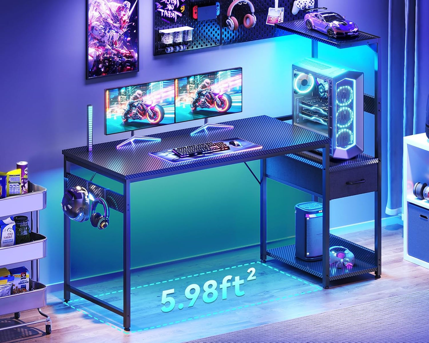 Casaottima 54 Inch Gaming Desk with Storage & LED Lights, Reversible Computer Desk with Display Shelves & Fabric Drawer, Modern Gamer Desk Table with Side Headphone Hook, Carbon Fiber Black