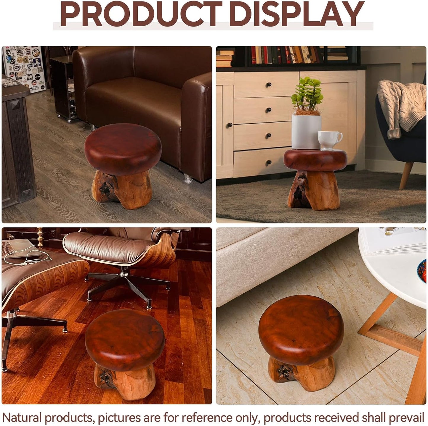 8 Inch Small Mushroom Wood Decoration, Unique Design Live Edge Wood Stool, Freeform Natural Plant Stand for Garden, Yard, Living Room, Bedroom