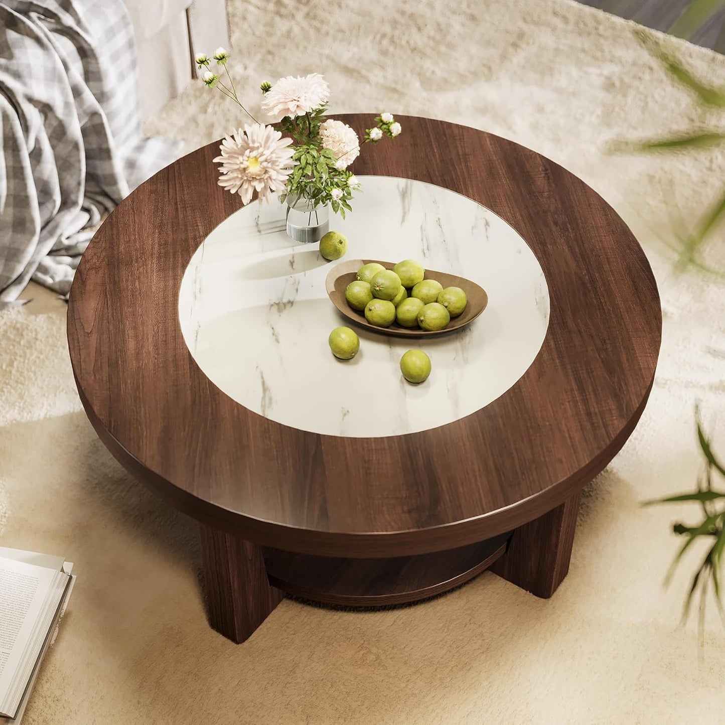 LITTLE TREE Modern Round Coffee Table, 2-Tier Wood Coffee Table with Storage, Marble-Like Tabletop for Living Room, Simple & Modern Center Table for Small Space, Brown