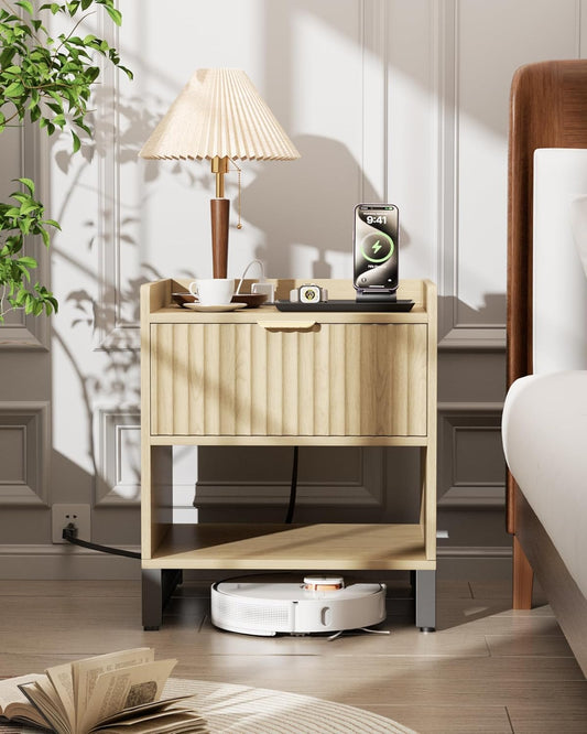 Fluted Night Stand with Charging Station, Wood Nightstand with Large Drawer and Open Storage Cabinet, Mid-Century Modern Bedside Table End Table for Bedroom Closet Office