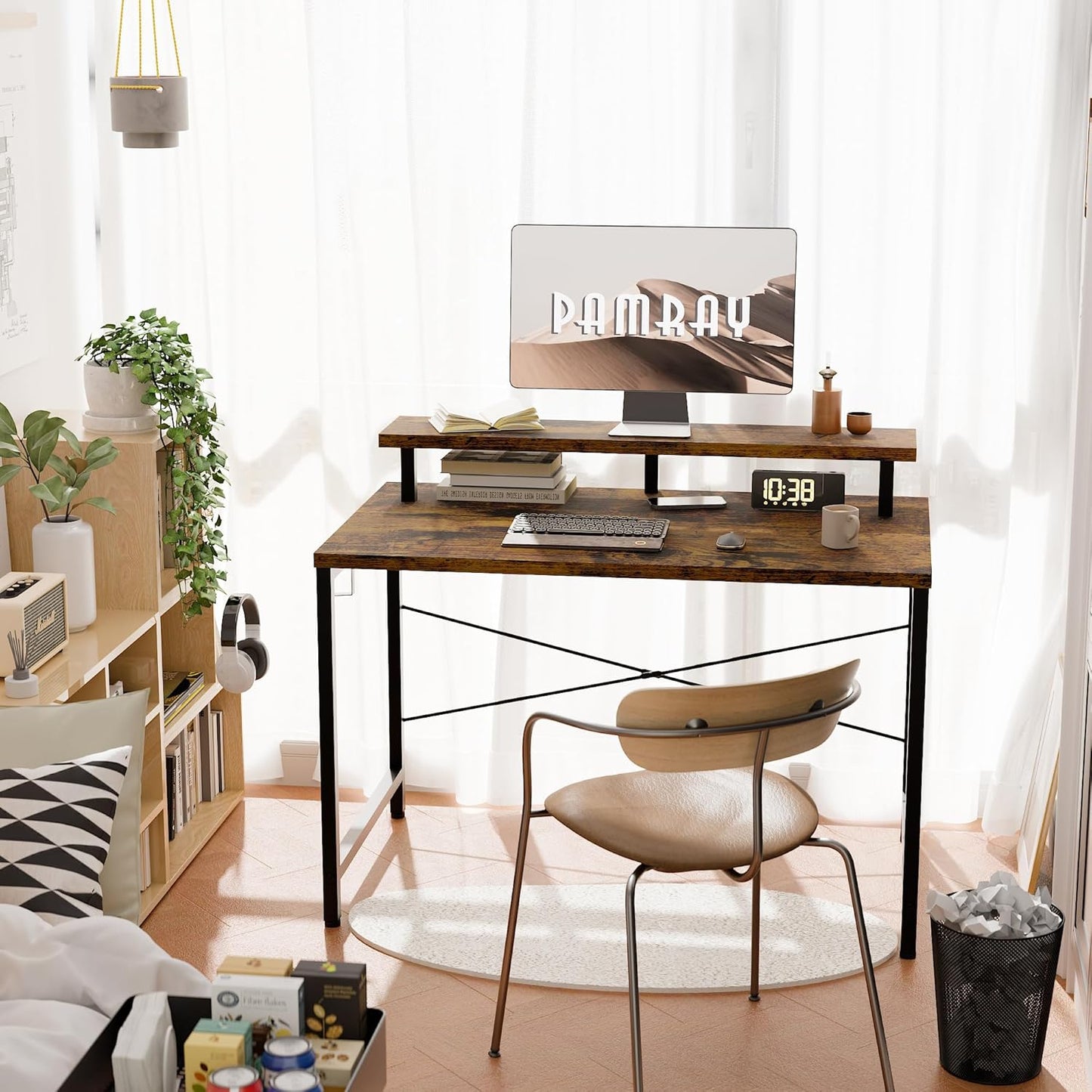 Pamray 32 Inch Small Computer Desk with Monitor Stand, Simple Office Desk with Headphone Hook for Small Spaces, Kids Study Writing Table for Bedroom, Vintage