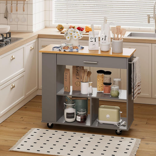 Shintenchi Kitchen Island on Wheels with Storage, Wheeled Island & Cart with 3-Tier Spice Rack, 3 Open Shelves and 1 Drawer, Gray