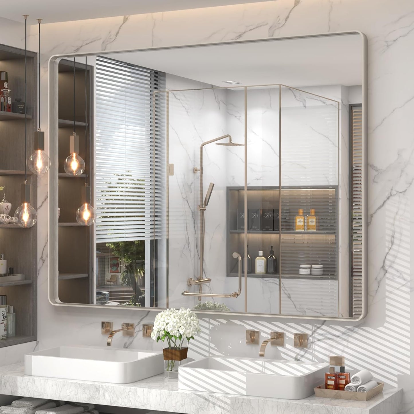 50x40 Silver Brushed Nickel Bathroom Mirror for Wall, Rounded Rectangle Silver Framed Bathroom Vanity Mirror, Anti-Rust, Shatterproof, Hangs Horizontally or Vertically