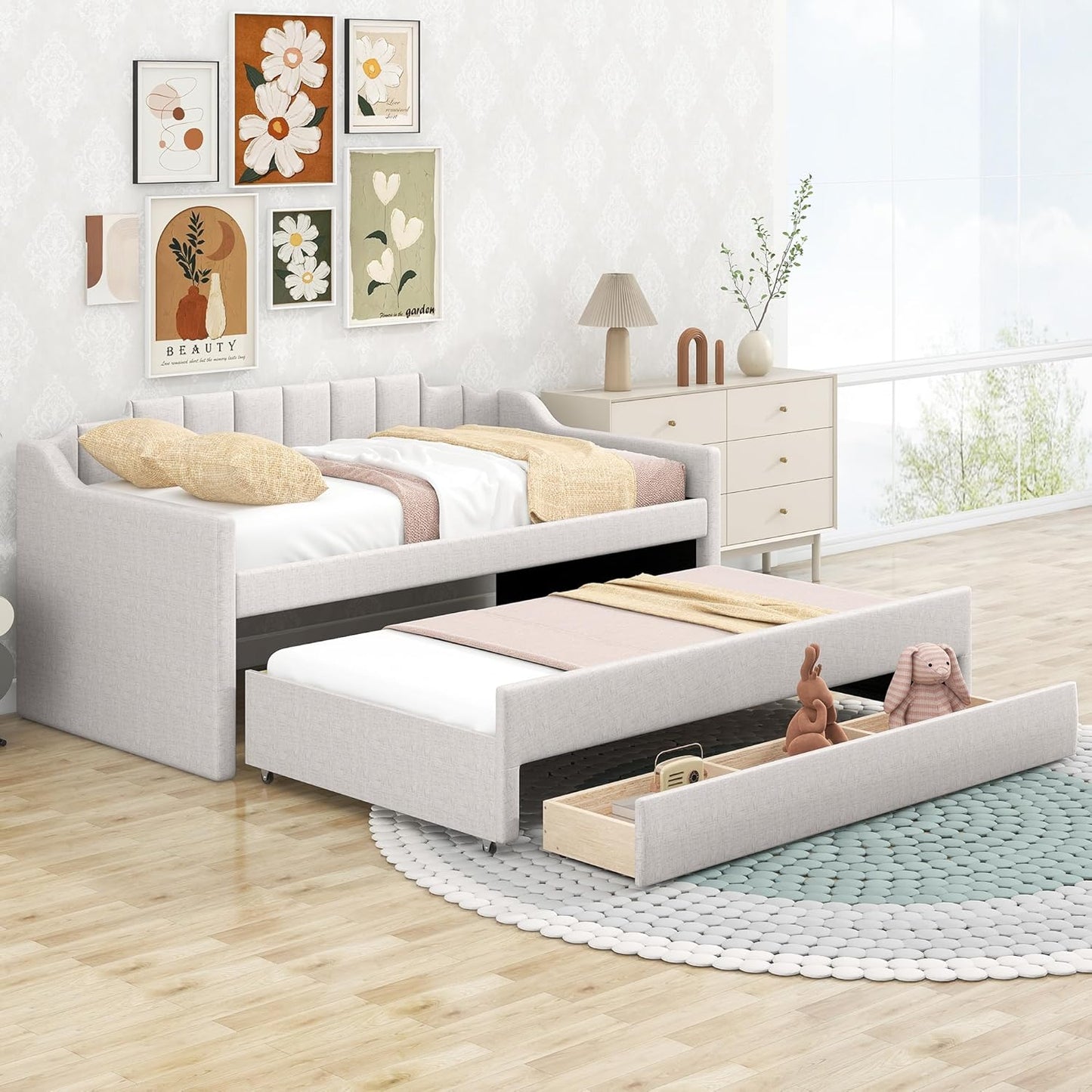 Twin Size Upholstered Daybed with Trundle and Three Lower Drawers,Linen Sofa Bed for Apartment Living Room Guest Room,Solid Wood Trundle Day Bed Frame, No Box Spring Needed,Beige