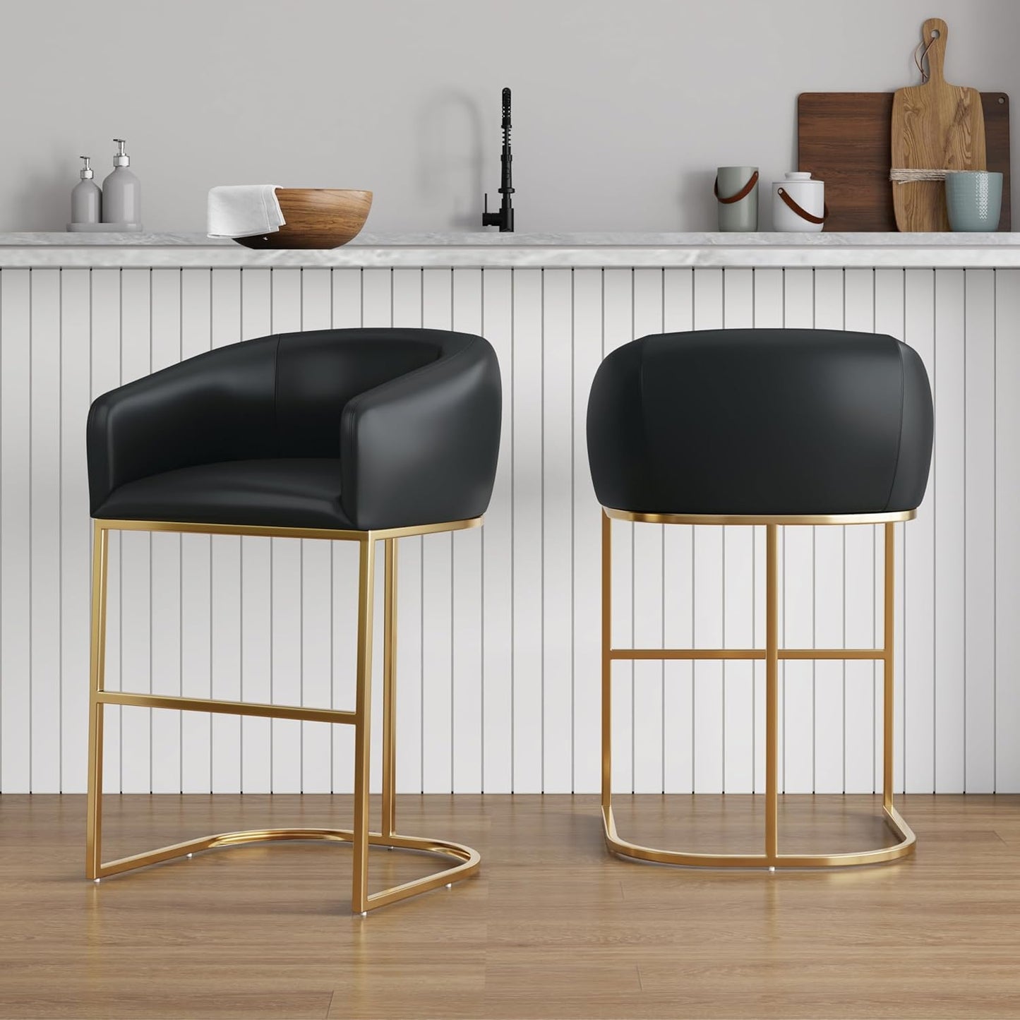 Manhattan Comfort Louvre 26 Inch Mid Century Modern Counter Height Bar Stools - Elegant Faux Leather Padded Seat, Stainless Steel Base with Footrest, Fully Assembled Barstools, Set of 1, Black & Gold