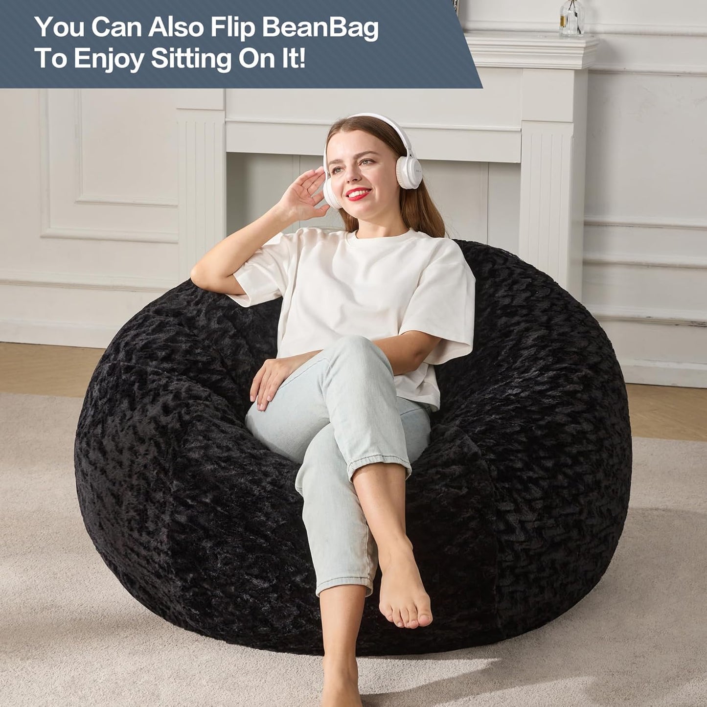 Hobestluk 4ft Bean Bag Chairs for Adults Large Beanbag Chair with Chevron Plush Fur Cover Big Bean Bag Chair for Living Room Bedroom Dorm Office - Black (44” x 44” x 24”)