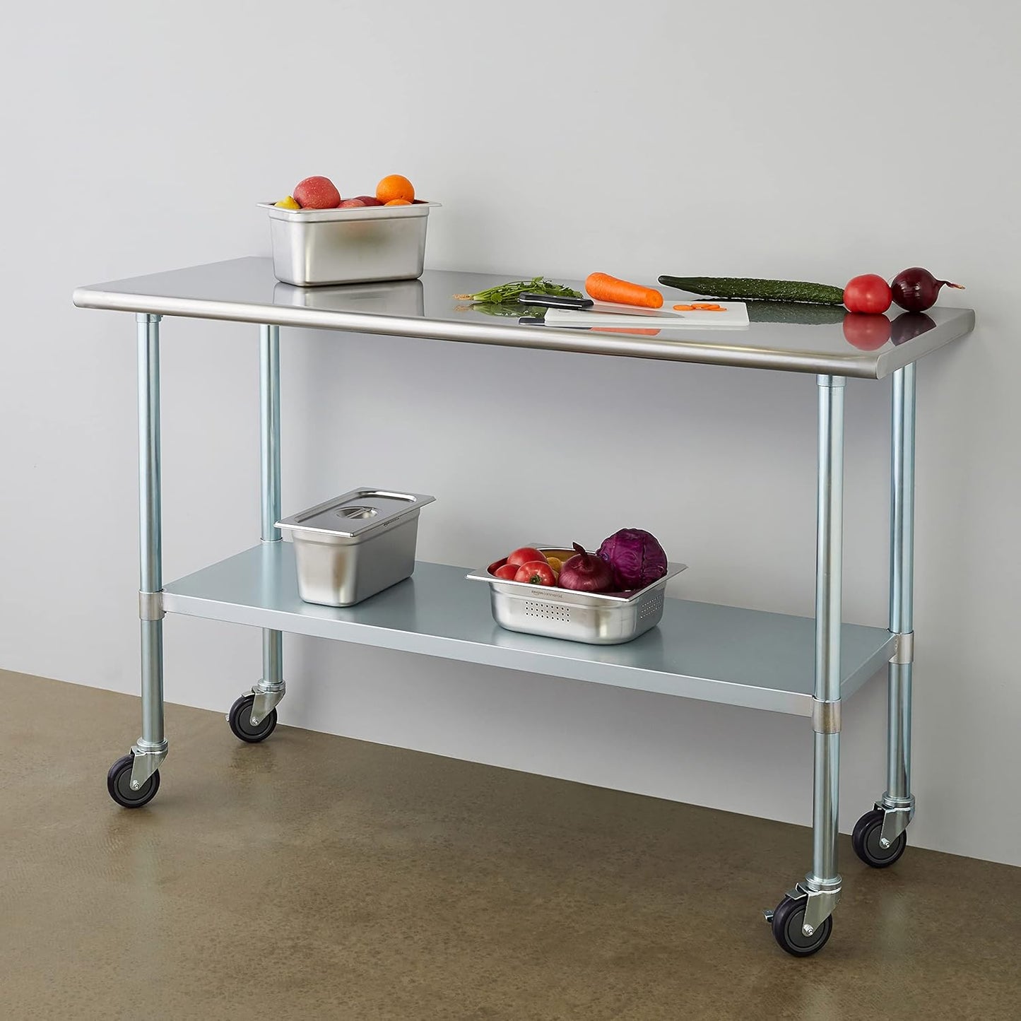ROCKPOINT Stainless Steel Table for Prep & Work with Caster Wheels 24x60 Inches, NSF Metal Commercial Kitchen Heavy Duty Table with Adjustable Under Shelf and Table Foot for Restaurant, Home and Hotel