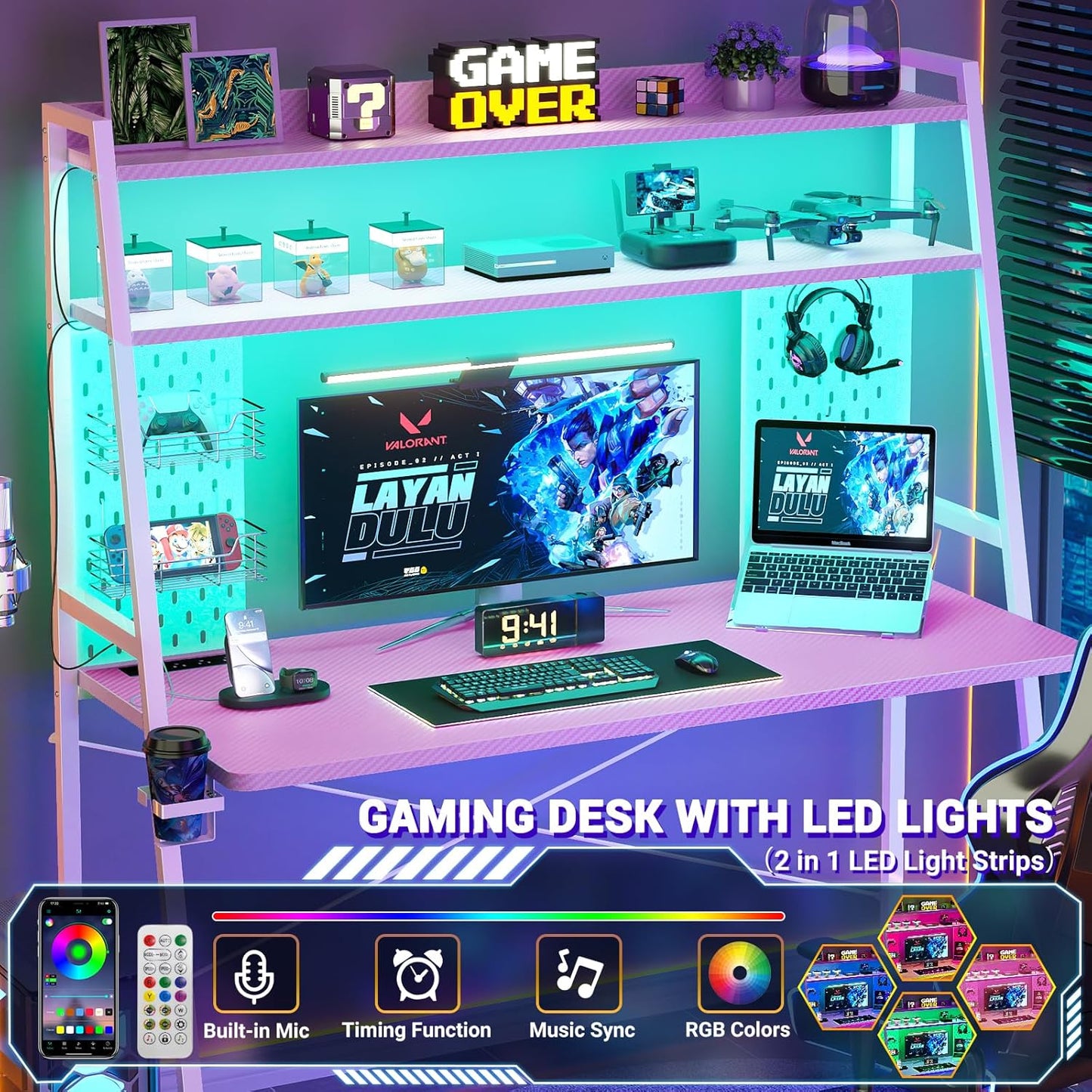 Gaming Desk with Hutch and LED Lights, Gaming Computer Desk with Power Outlets, Gamer Desk with Storage Shelves, PC Game Desk with Pegboards for Bedroom, Carbon Fiber Pink, 49"