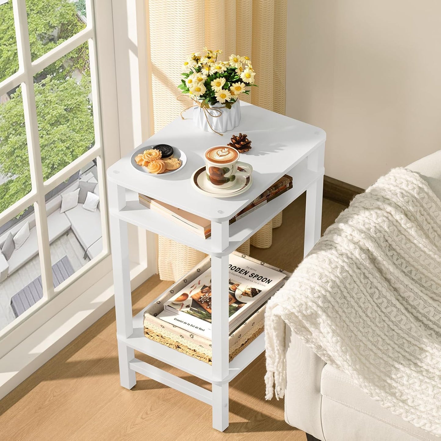 28in Tall Side Table Set of 2, 3-Tier Small Narrow End Table for Couch, Skinny Nightstand for Small Space, Farmhouse Slim Night Stand with Storage, Wooden Frame Thin Bedside Table, White