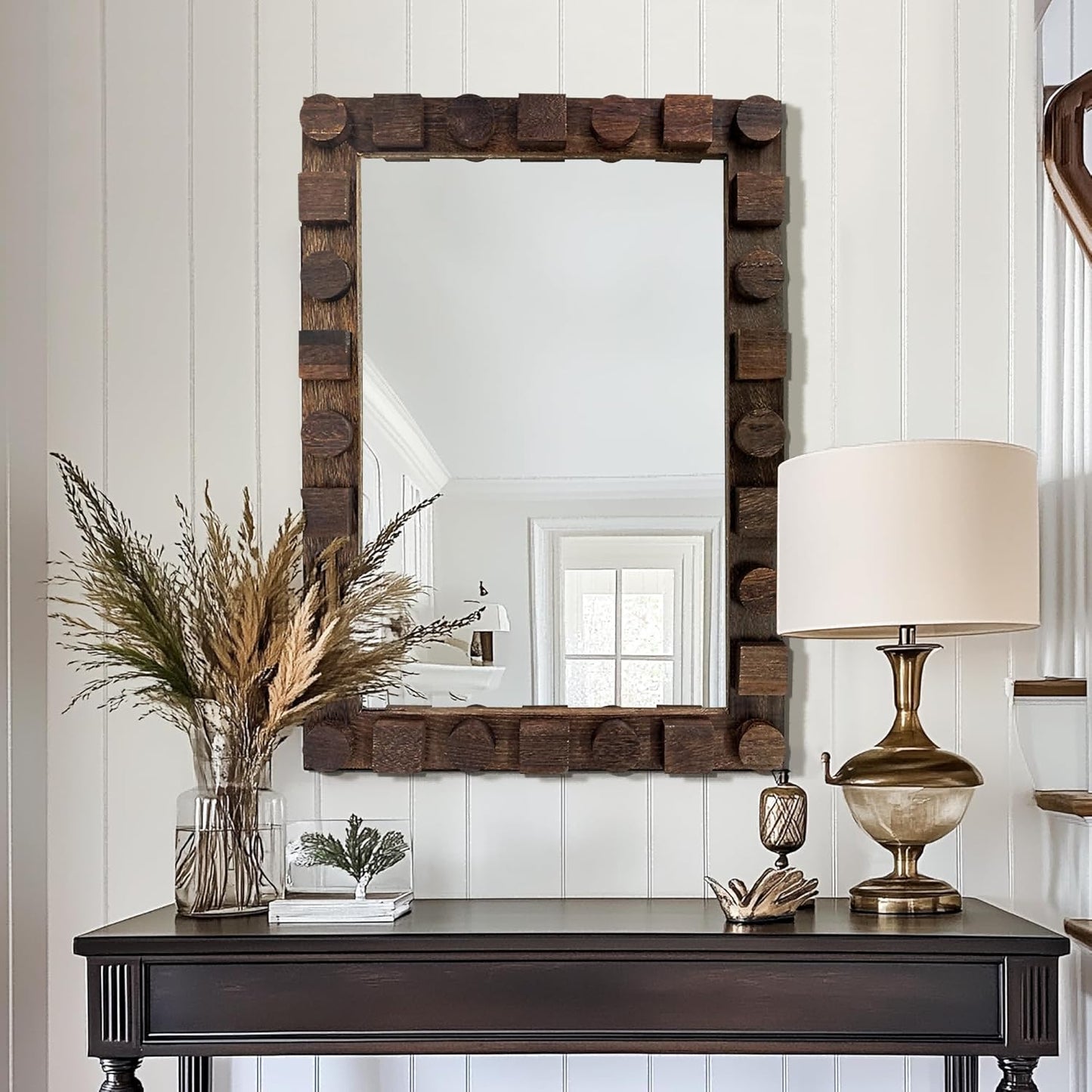 28x20 Inch Handcrafted Solid Wood Square Wall Mirror with Geometric Wood Inlay Design, Rustic Natural Texture for Bathroom, Bedroom, Living Room Decor