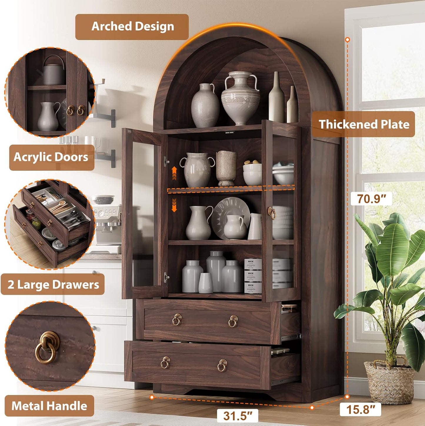 Kitchen Pantry Cabinet, Arched Bookshelf Bookcase China Pantry Storage Cabinet with Drawers Doors and Shelves,71“ Tall Food Pantry Funiture for Living Room,Dining Room (Brown)