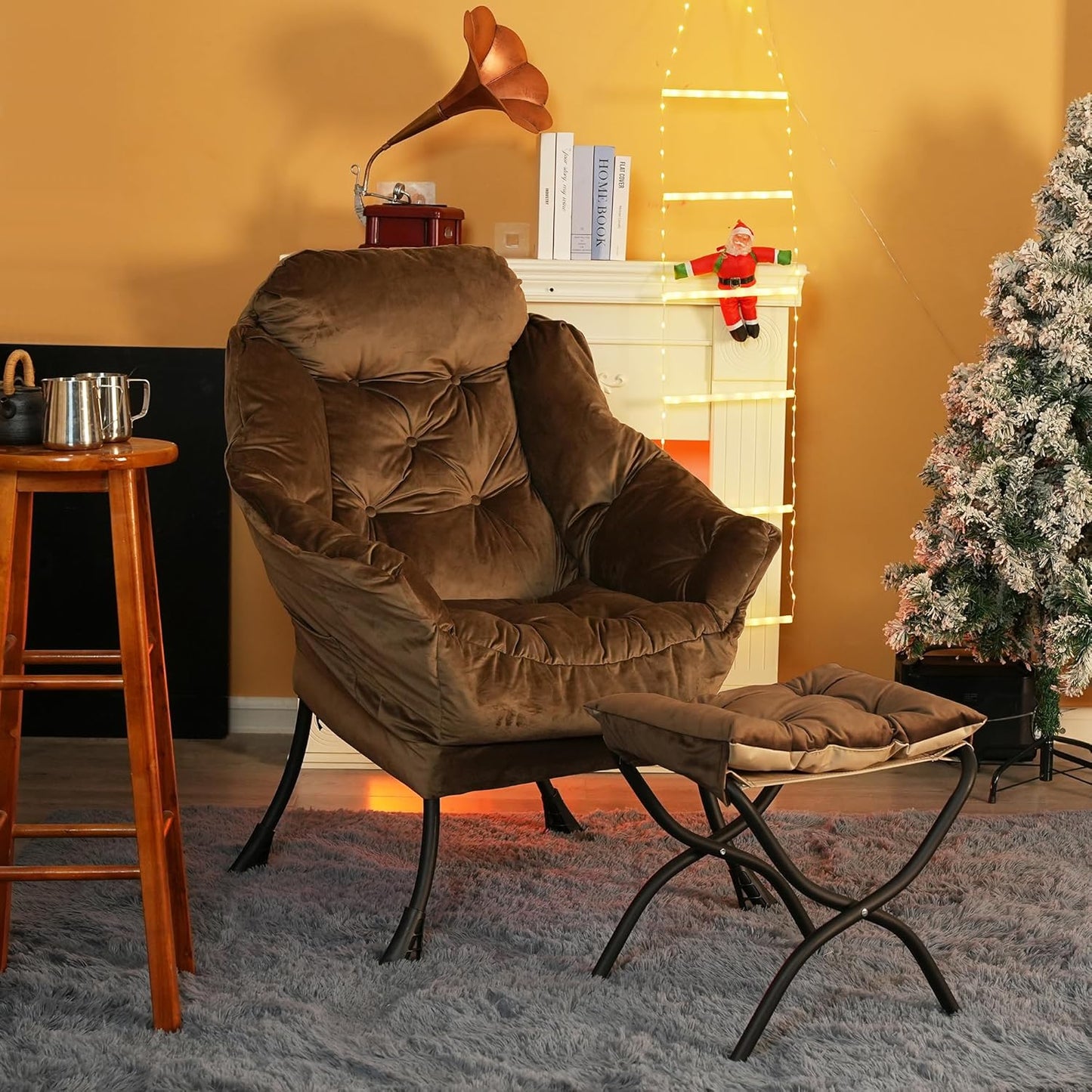 Lazy Chair with Folding Ottoman,Living Room Chairs, Accent Contemporary Lounge Chair, Single Steel Frame Leisure Sofa Chair with Armrests and A Side Pocket (Brown)