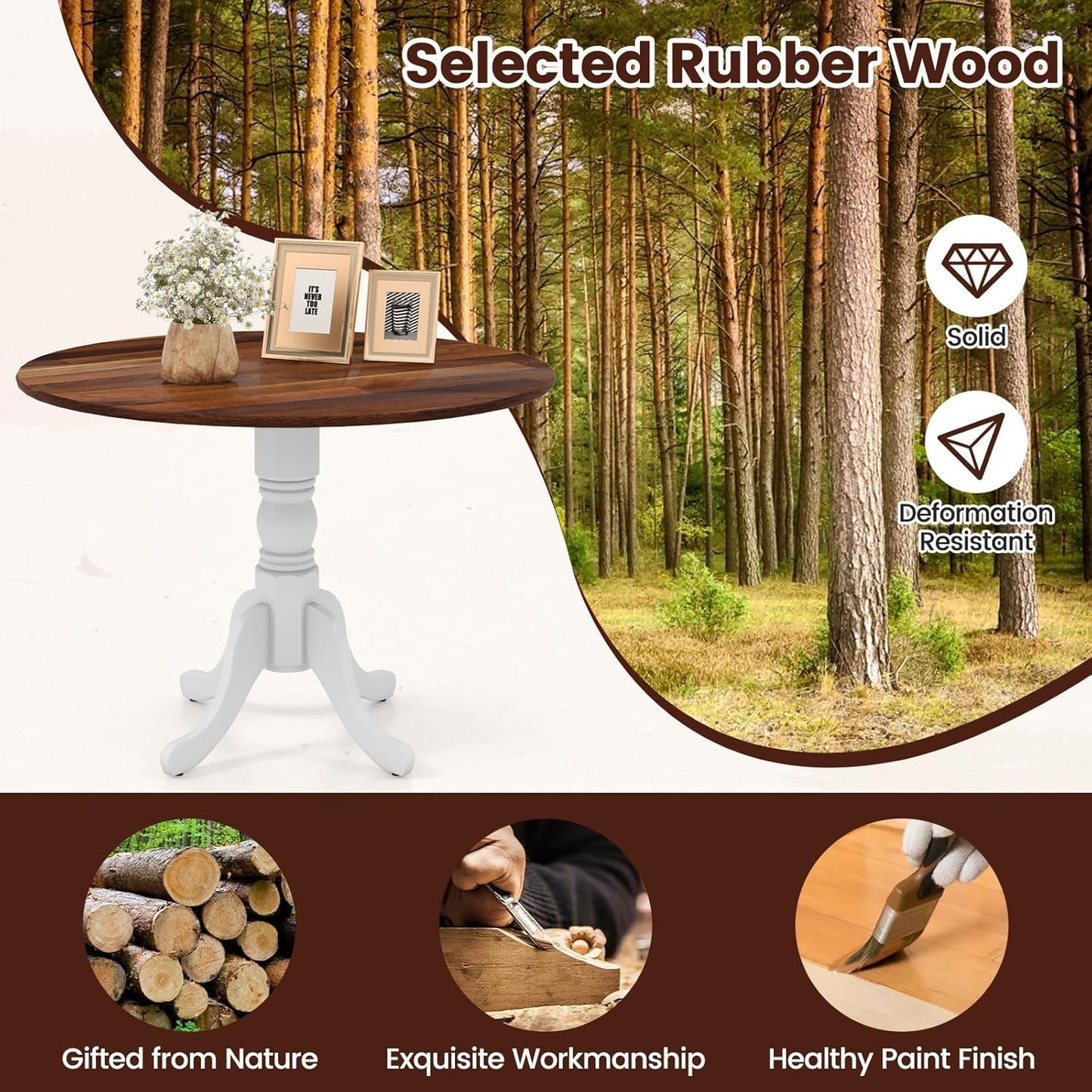 COSTWAY Round Dining Table for 4, 39 inch Kitchen Table with Solid Rubber Wood Frame, Adjustable Foot Pads, Curved Trestle Legs, Mid Century Rustic Dinning Table for Living Room (Walnut+White)