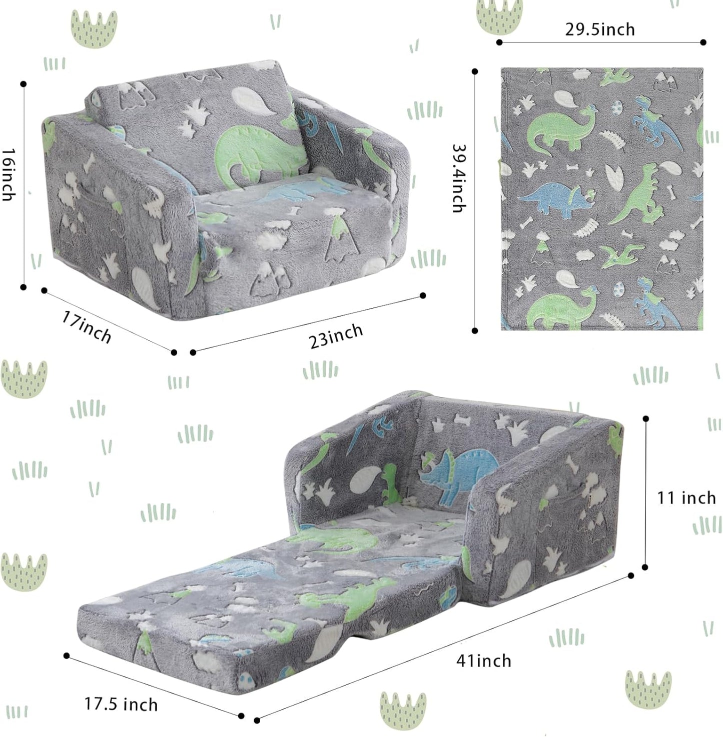 Toddler Couch Fold Out, Foldable Kids Couch with Blanket, Flip Out Toddler Chair, Foam Sofa for Girls & Boys, Convertible Sofa to Lounger for Children Age 1-3 (Glow Dino Grey)