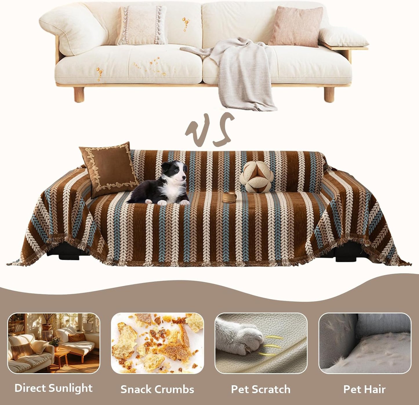 STACYPIK Khaki Jacquard Leaves Sofa Cover, Vintage Couch Cover for Dogs, Washable Pet Protector for 3 Cushion Couch, Non-slip Chenille Sofa Covers for Loveseat, Boho Couch Cover for Sectional-71X150IN