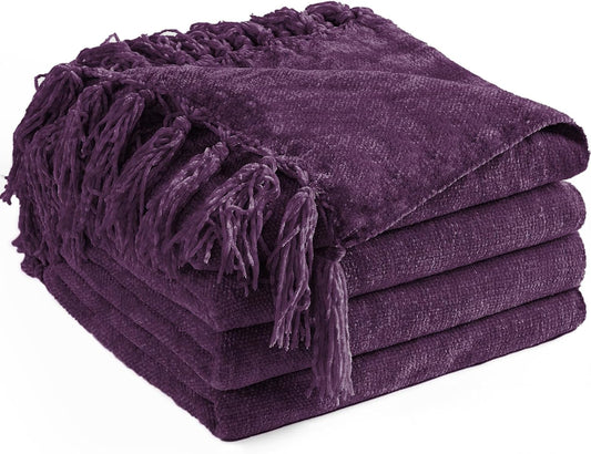 Chenille Throw Blanket for Couch 60"X 80" Twin, Soft Cozy Throws with Fringe Tassel for Bed Sofa Chair Cover, Lightweight Knitted Decorative Boho Blankets for Living Room, Dark Purple
