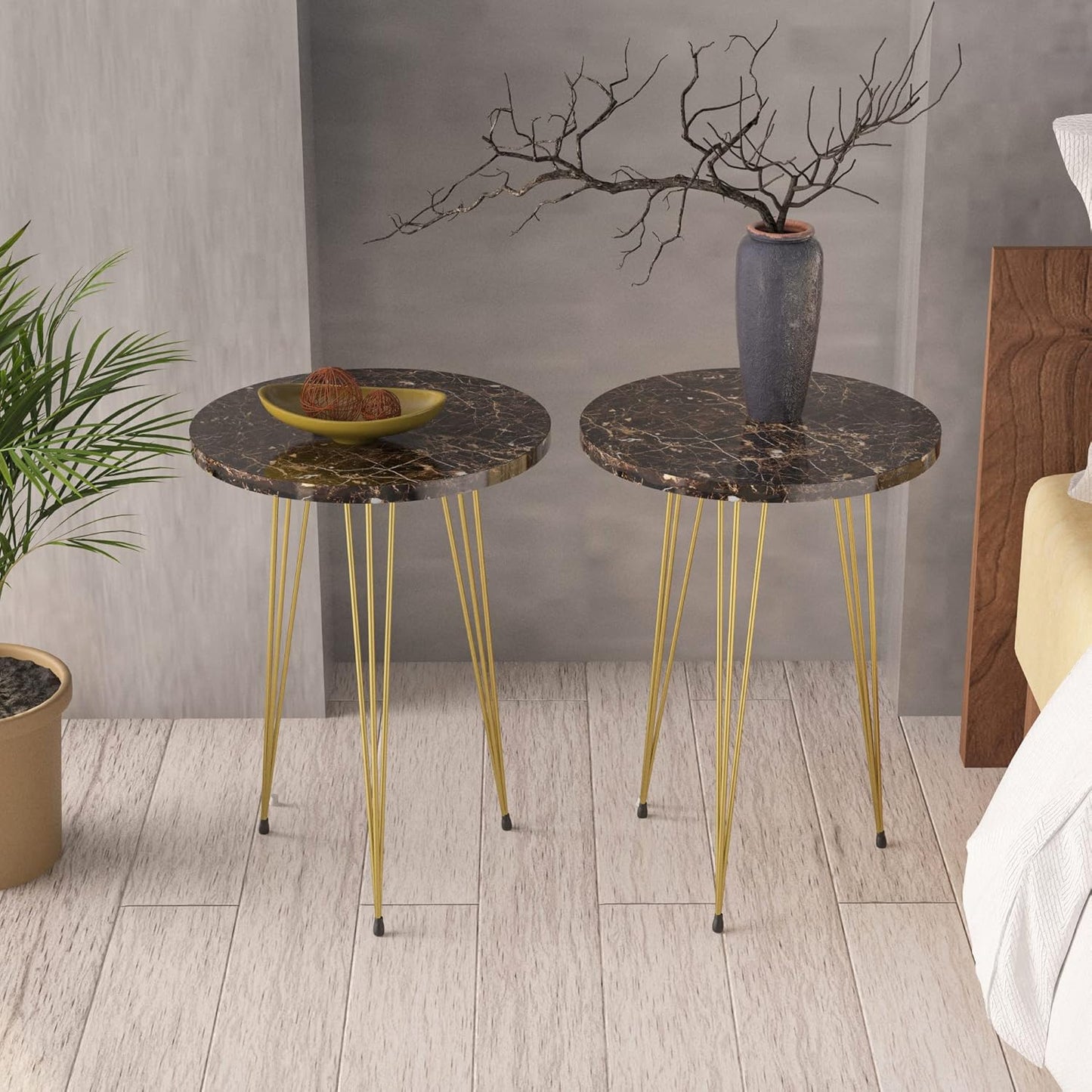 PAK HOME Set of 2 High Gloss Brown Marble Look End Tables Round Wood Sofa Side Coffee Tables for Small Spaces, Nightstand Bedside Table for Bedroom, Living Room, Office