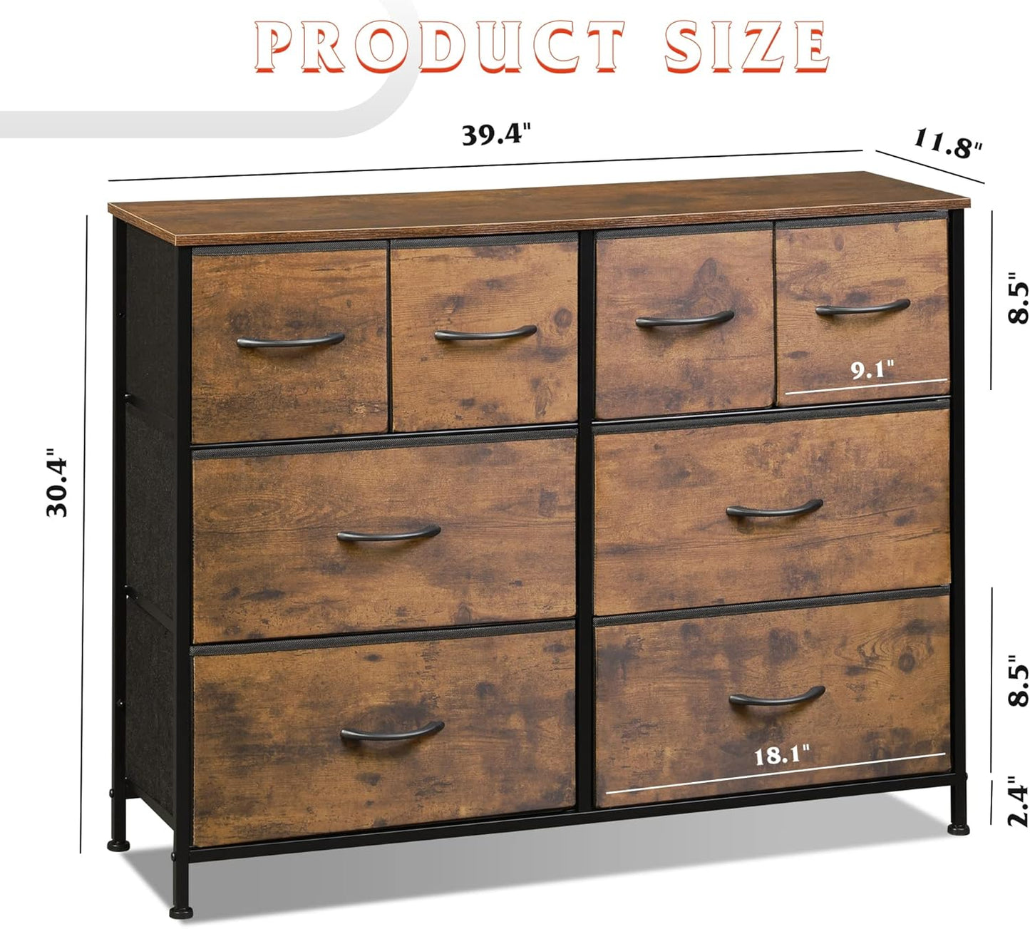 WLIVE Dresser for Bedroom with 8 Drawers, Wide Fabric Dresser for Storage and Organization, Bedroom Dressers, Chest of Drawers for Living Room, Closet, Entryway, Rustic Brown Wood Grain Print