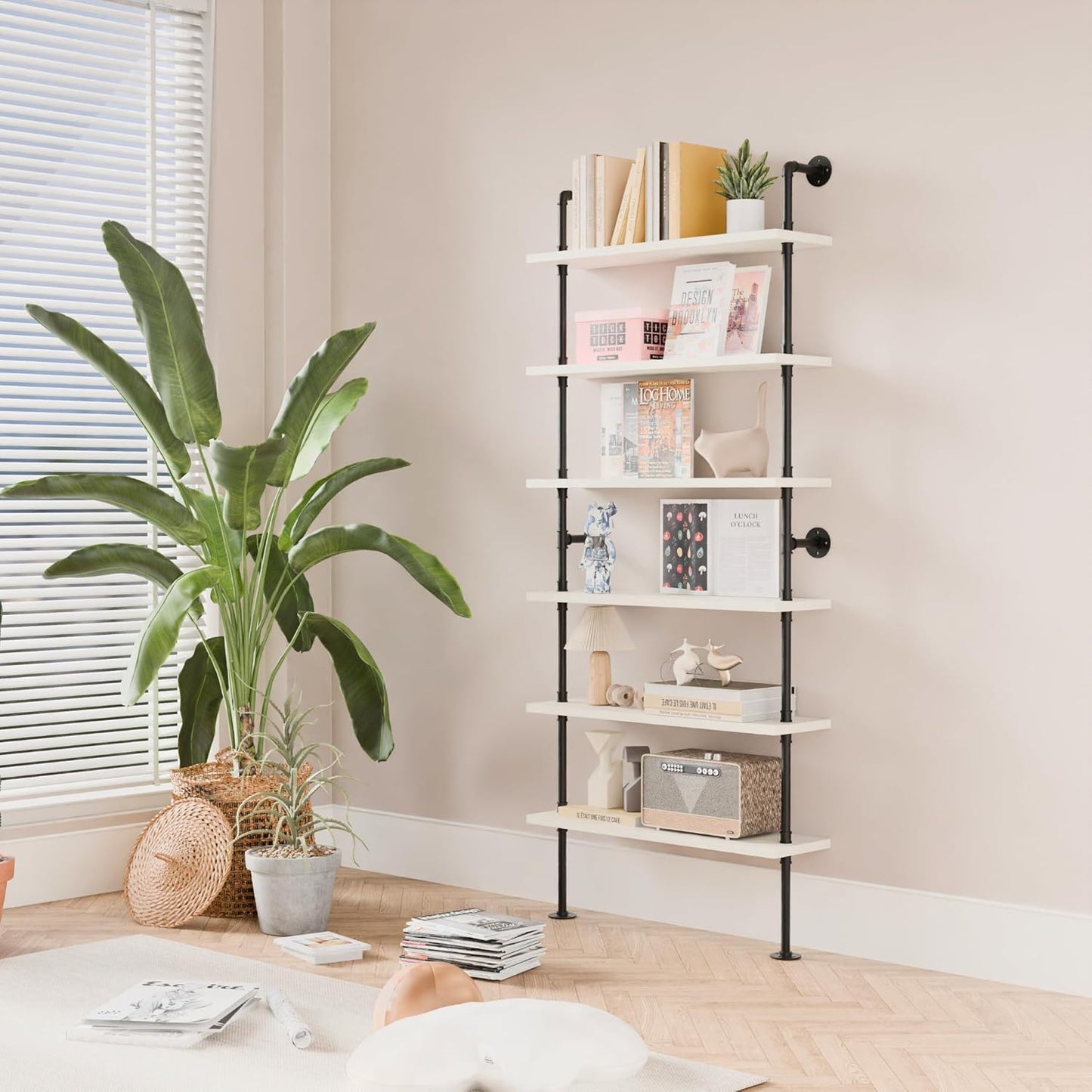 6 Tier Industrial Ladder Shelf Bookcase, Wall Mounted Rustic Bookshelf for Living Room Decor and Storage (White, 6 Tier - 10" D x 36" W x 82.5" H)