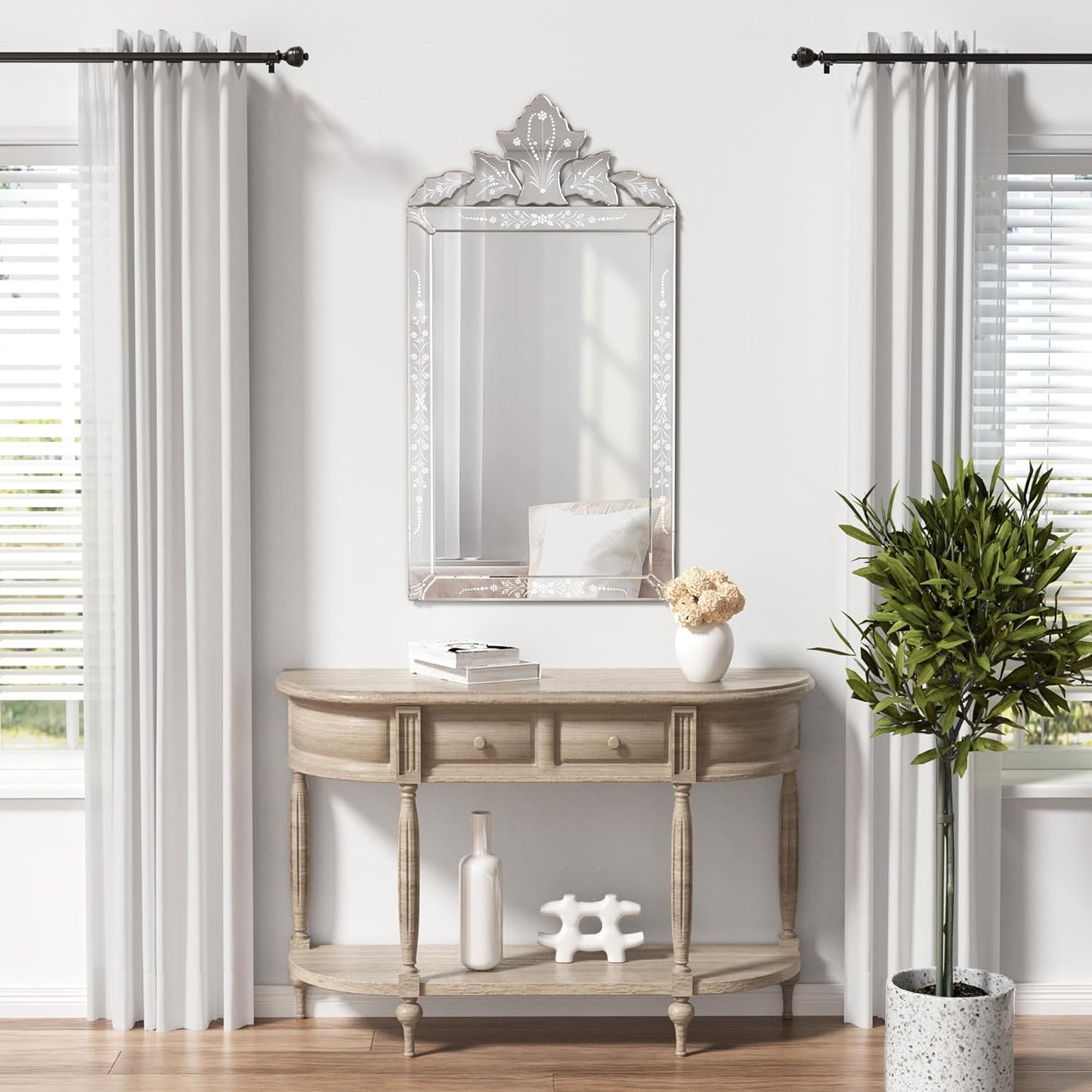 KOHROS Bathroom Vanity Decorative Mirrors for Wall Decor 42" x 24" Venetian Wall Mirror with Floral Etched Design Crown Top Frameless Wall Mirror for Bedroom Bathroom Vanity