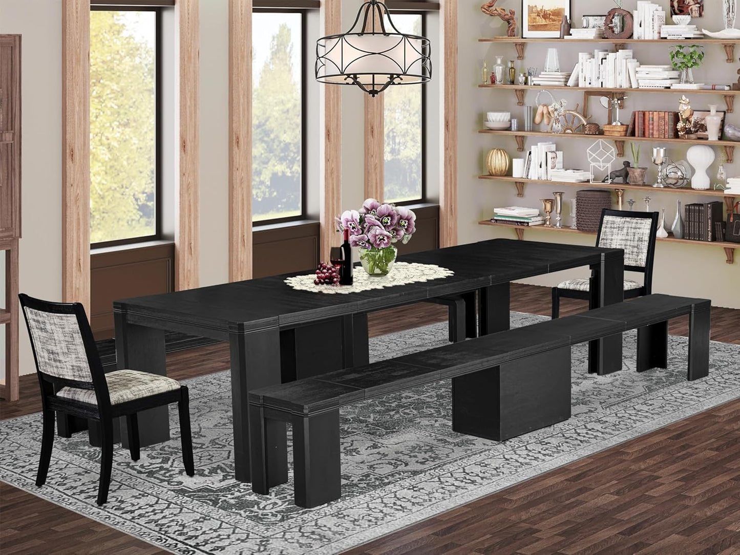 X02X2-206-30 5-pc Dining Room Table Set a Rectangular Kitchen Table and 2 Benches and 2 Wire Brushed Black Polyester Stackable Chairs, 39x120 Inch, Wire Brushed Black