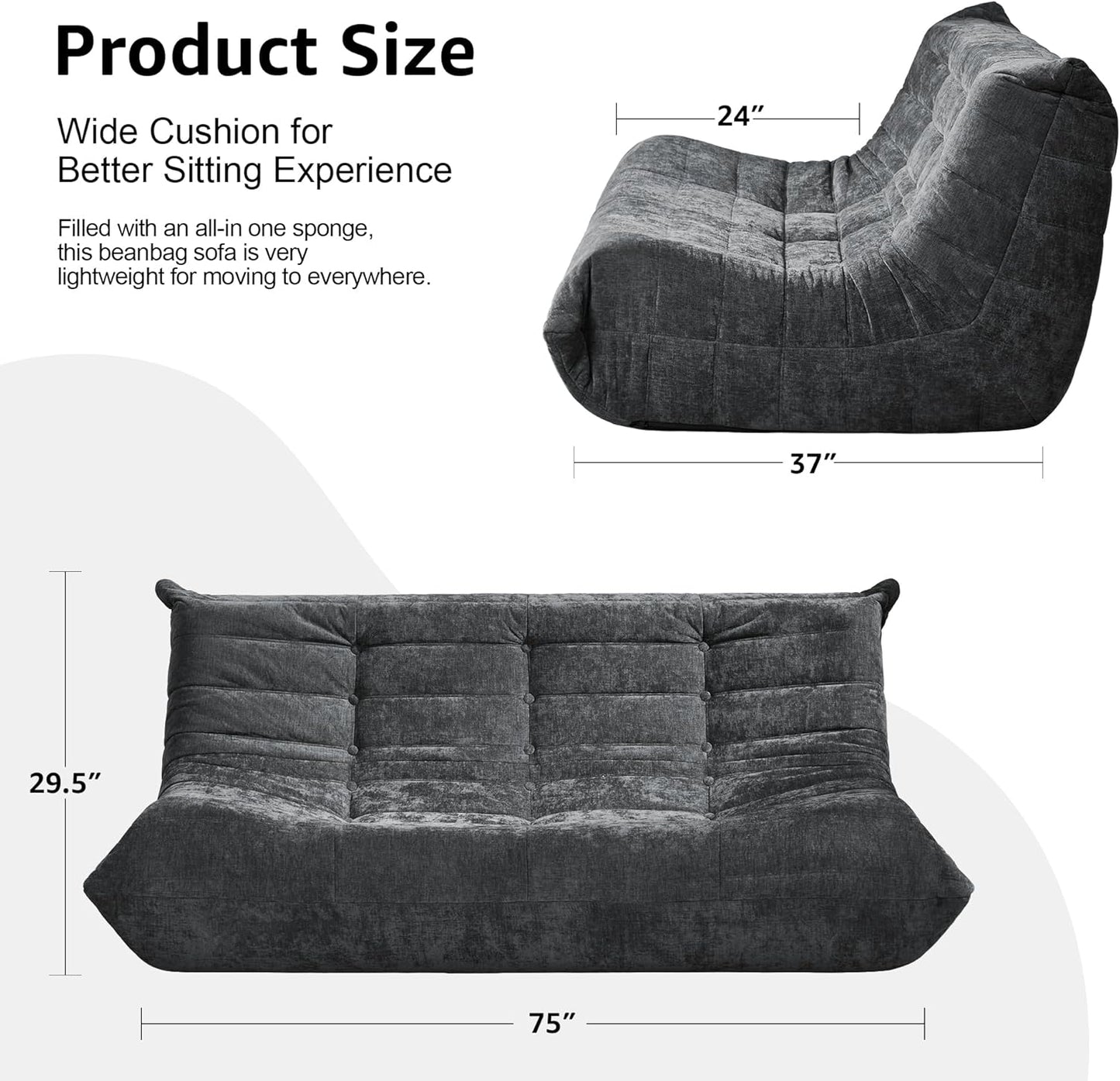 Hobestluk Bean Bag Chairs for Adults Giant Bean Bag Chair Memory Foam BeanBag Chair Bean Bag Sofa with Filler Faux Fur Fireside Beanbags Lazy Sofa for Living Room Bedroom (Darkgrey Chenille, 3-Seater)