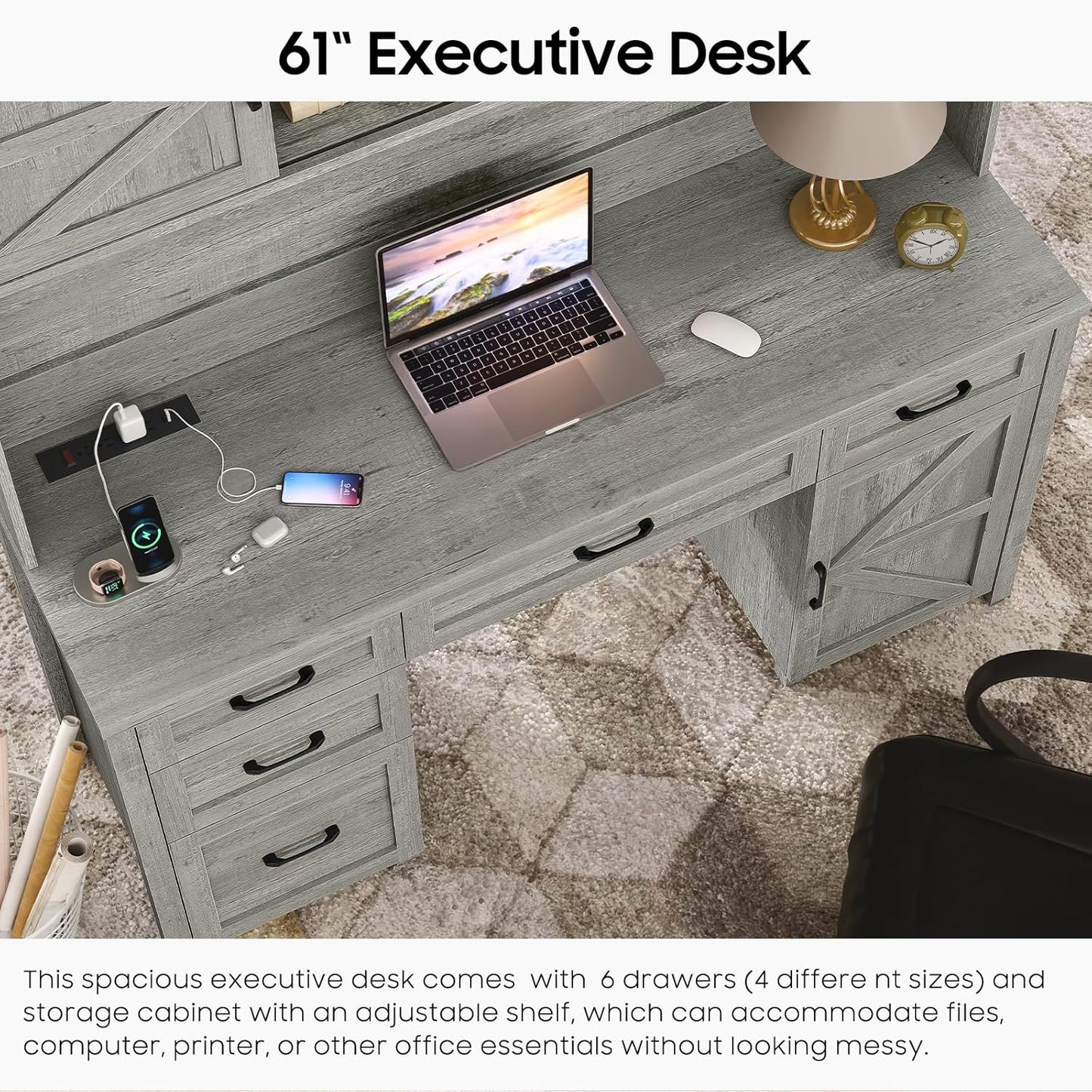 67''H Farmhouse Executive Desk with Hutch & 5 Drawers, Rustic Office Desks Computer Desks with Charging Station, File Drawers and Storage Cabinets, Wood Workspace for Home Office & Study,Grey.