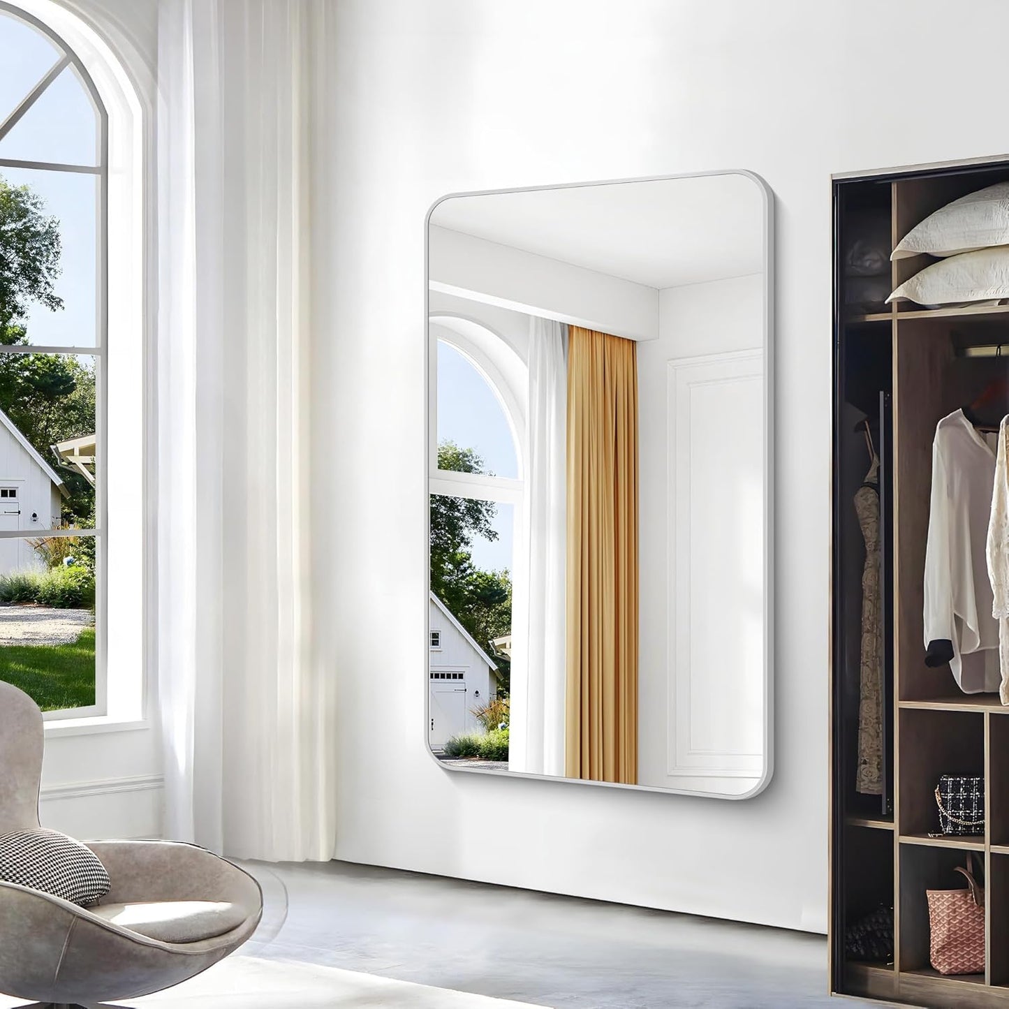 BONEWEI Silver Bathroom Mirror,60x36 inch Wall Mirror for Bathroom Wall Mounted,Rectangle Mirror for Bathroom Over Sink,Modern Frame Round Corner for Living Room,Bedroom Entryway,Horizontal/Vertical