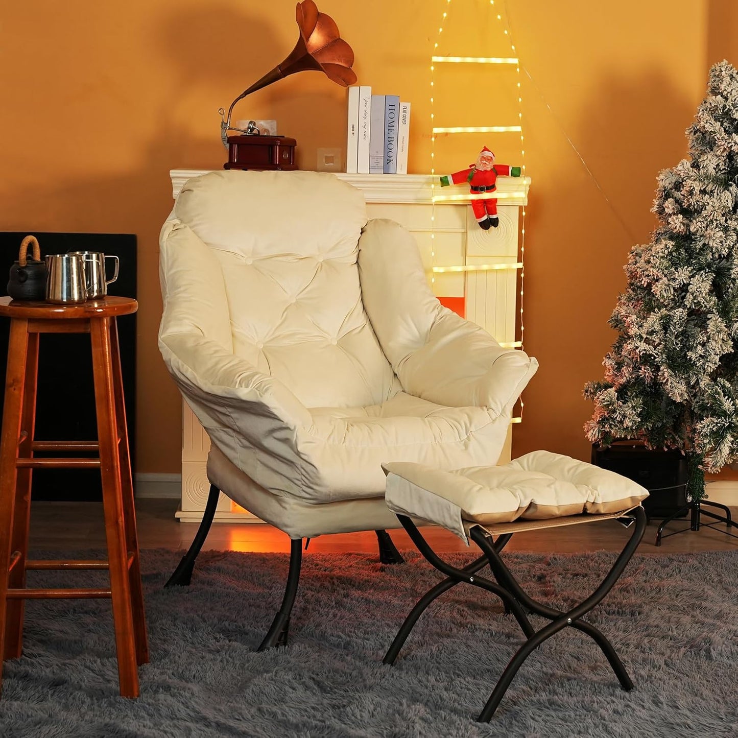 Lazy Chair with Folding Ottoman,Living Room Chairs, Accent Contemporary Lounge Chair, Single Steel Frame Leisure Sofa Chair with Armrests and A Side Pocket (White)