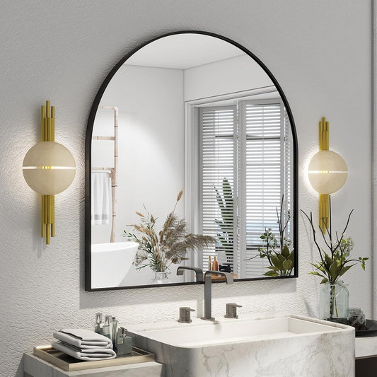 Arched Bathroom Mirror 32" x 34" for Bathroom Vanity Mirror or Wall Decor Black Arch Mirror Aluminum Alloy Frame Wall Mounted Mirror for Living Room Bedroom Entryway