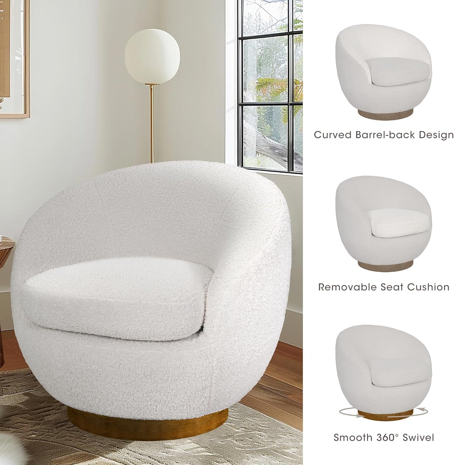 INK+IVY Jessel Swivel Accent Chair – Barrel Back Design, Sherpa Upholstery, 360-Degree Wood Base, Modern Lounge Seating for Living Room or Bedroom, 32" W, Cream