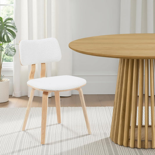 Armen Living Jaguar Mid-Century Upholstered Dining Chair in White Boucle and Patterned Oak Finish