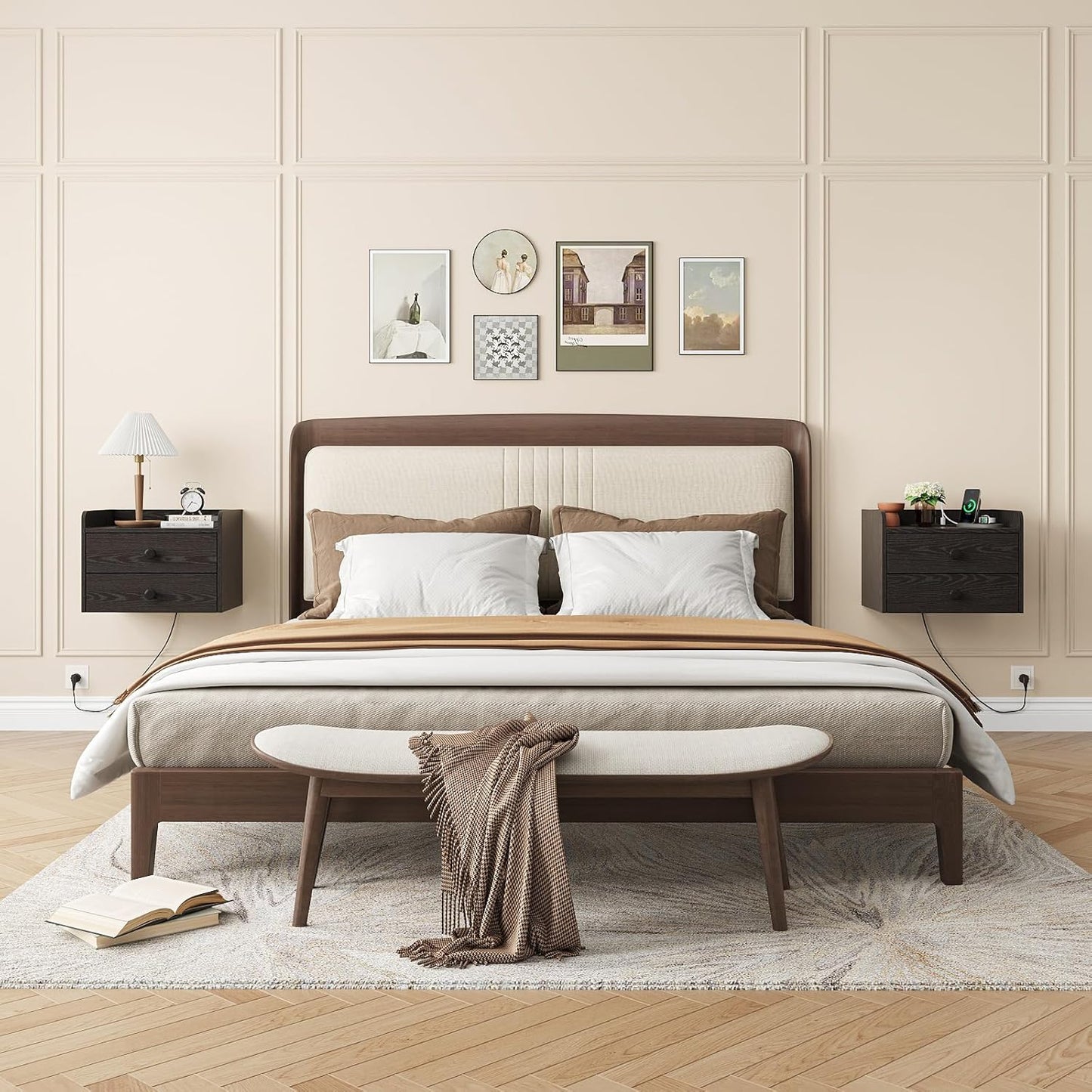 Floating Nightstand Set of 2 with 2 Storage Drawers and Charging Station Wood Wall Mounted Bedside End Table Modern Night Stands Set 2 for Bedroom,Small Space,Black